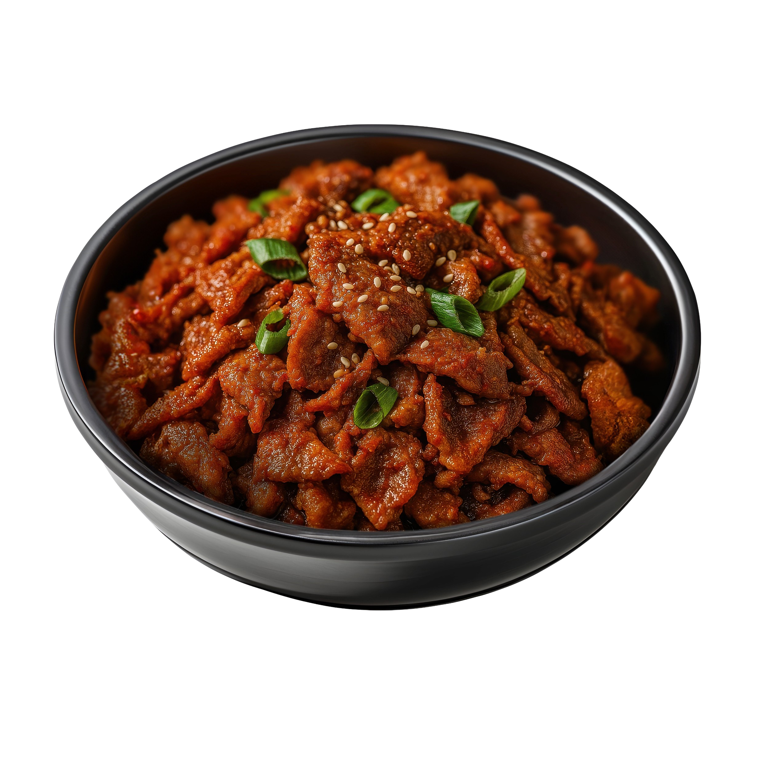 A black bowl filled with spicy Korean stir-fried beef garnished with chopped green onions and sesame seeds.