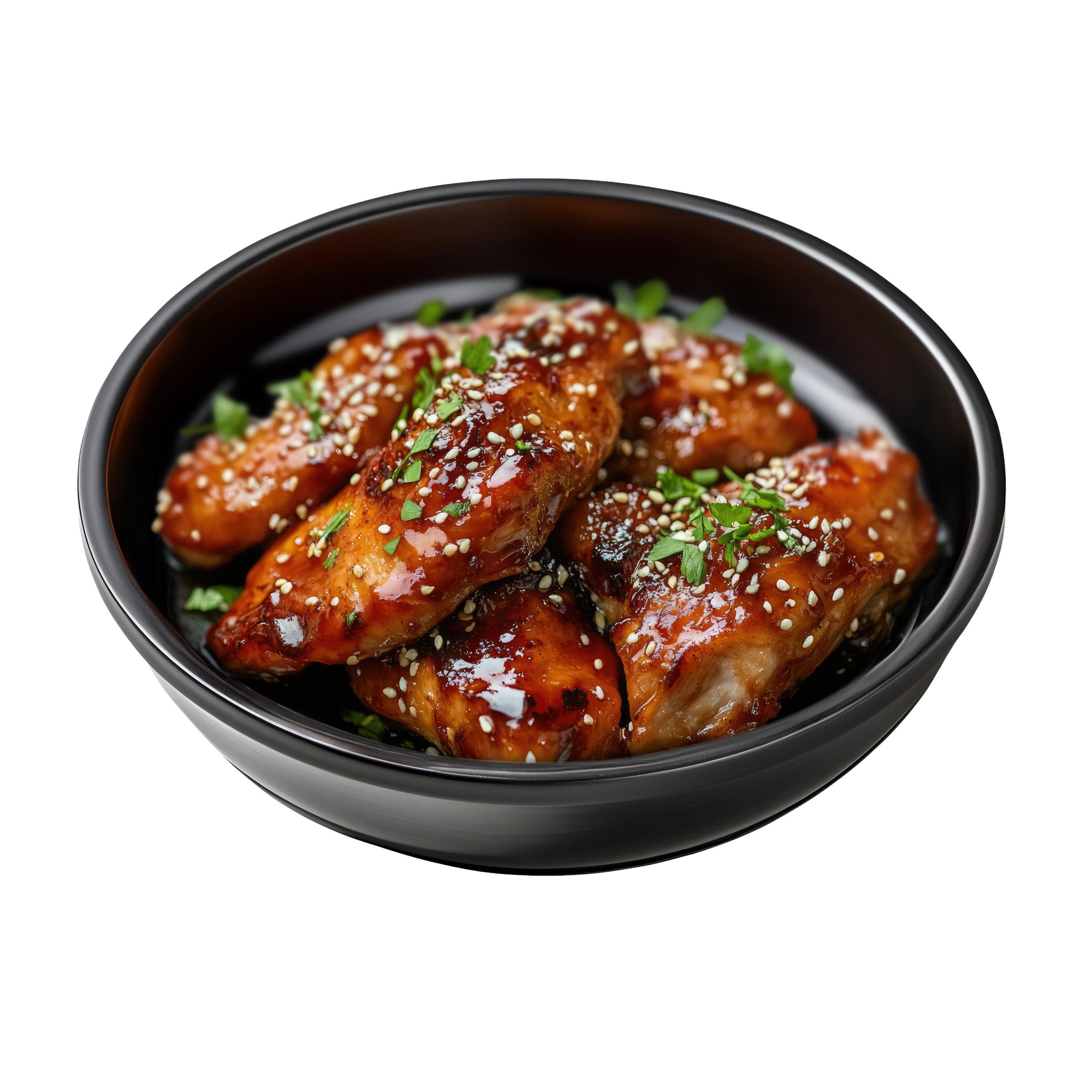 Close-up of glazed chicken wings garnished with chopped green herbs and sprinkled with sesame seeds in a black bowl.