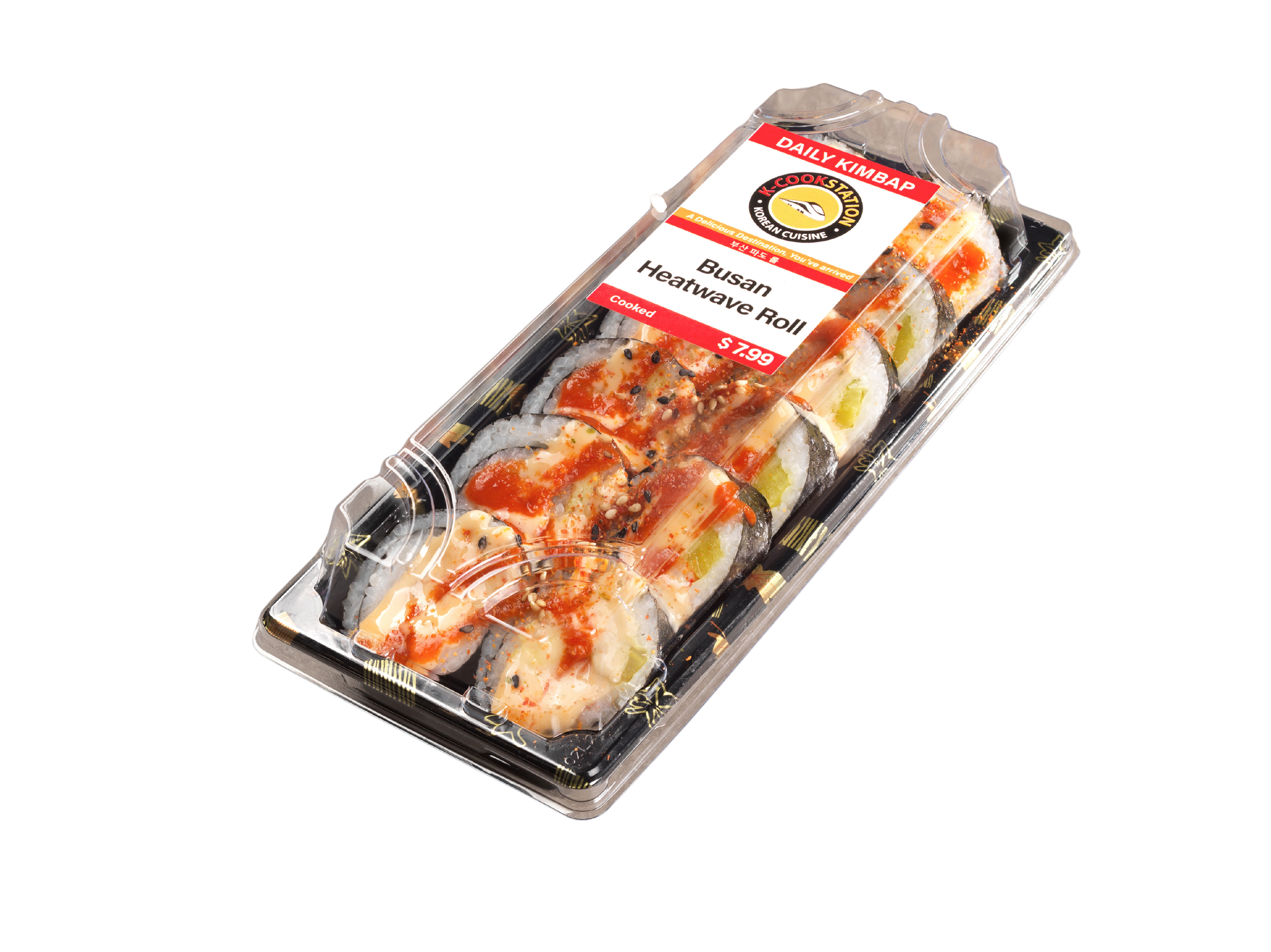 Pre-packaged Korean-style roll with seafood and vegetables in a plastic container