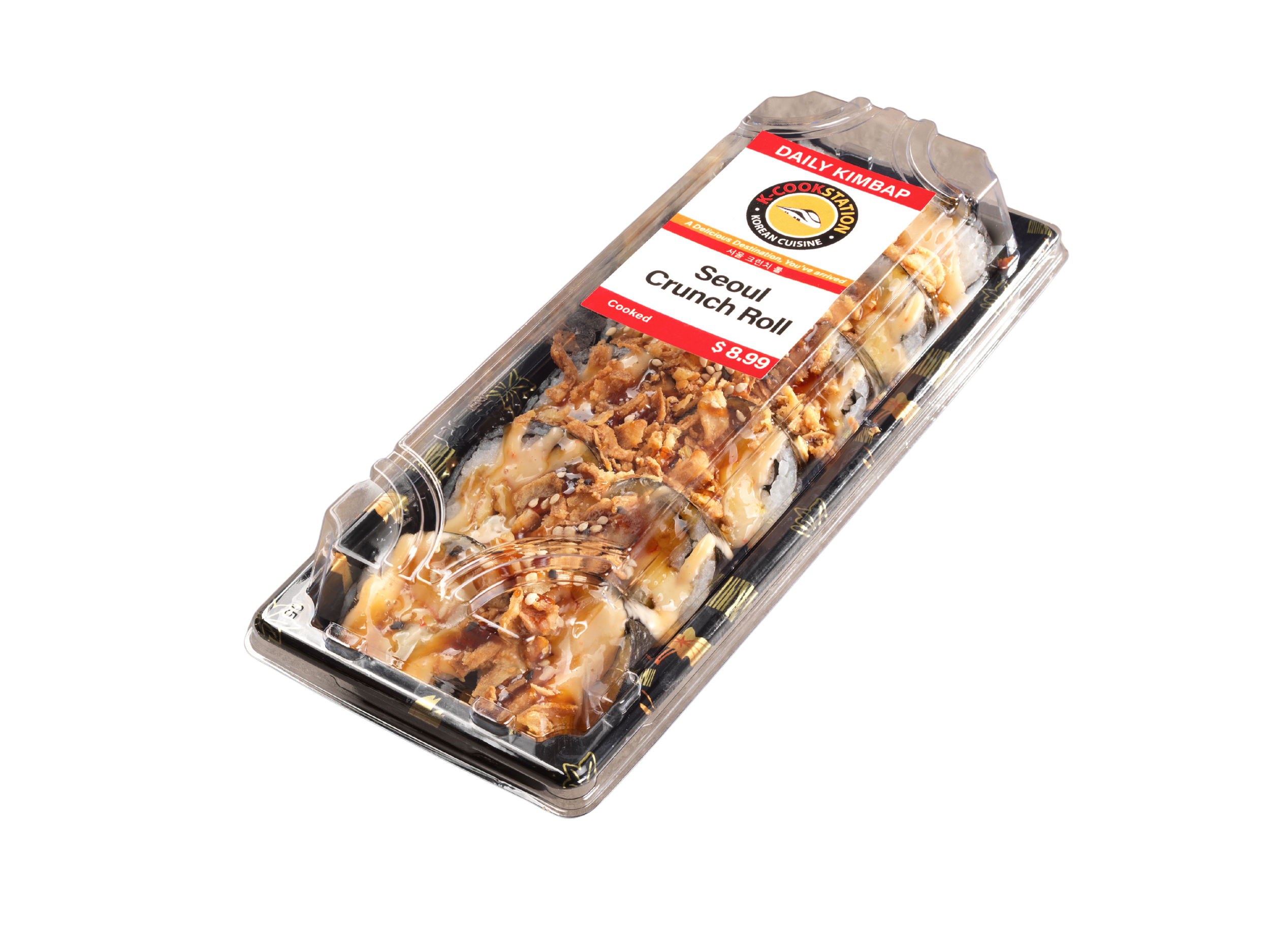 Pre-packaged Korean-style sushi roll labeled Seoul Crunch Roll from K-COOK Station.