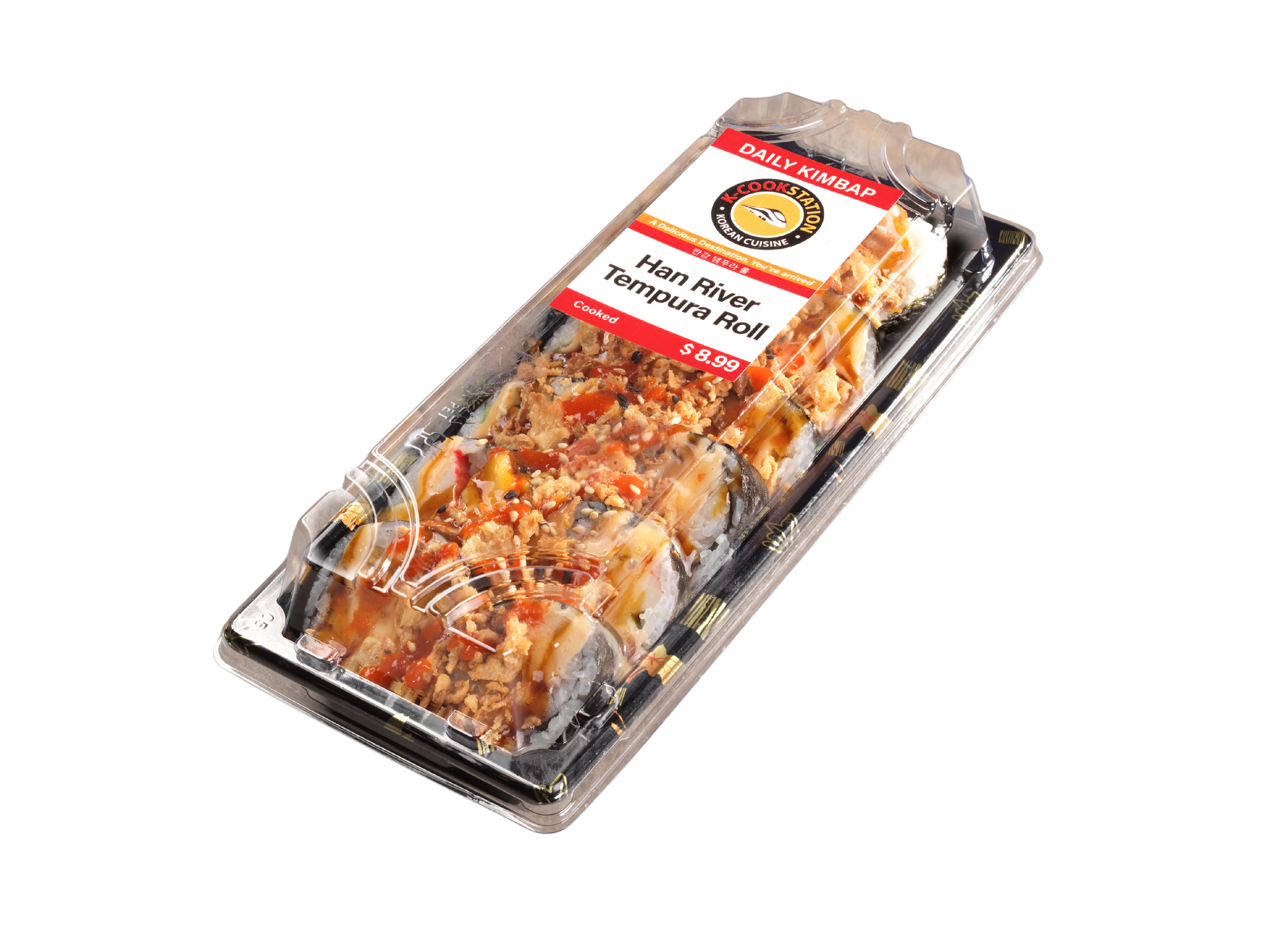 Pre-packaged Korean Han River Tempura Roll sushi in a black plastic tray with a clear lid, topped with sauce, crushed topping, and sesame seeds, priced at $8.99.