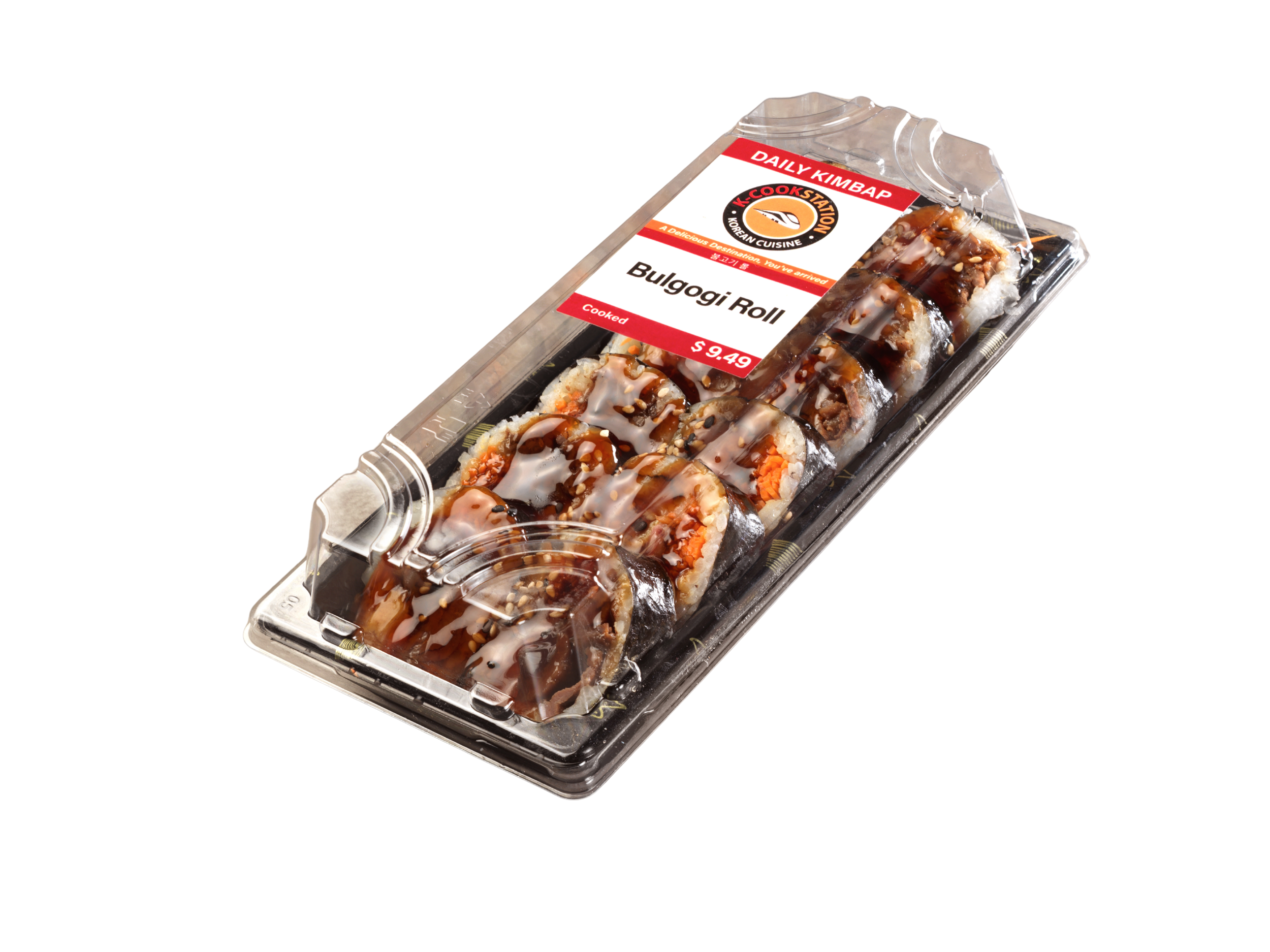 Pre-packaged bulgogi sushi rolls with seaweed, rice, bulgogi beef, and drizzled sauce in a clear plastic container.