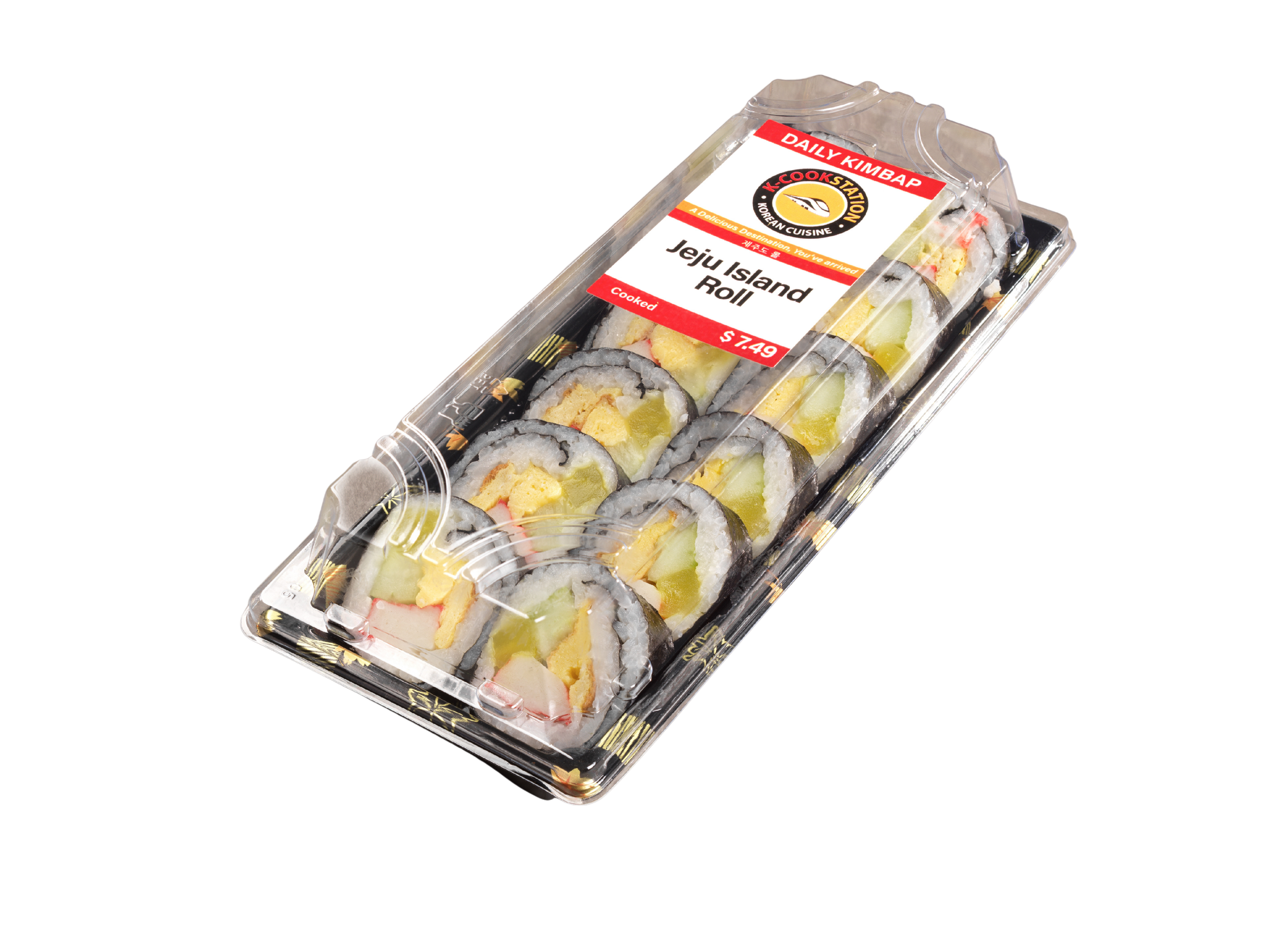 Pre-packaged Korean sushi rolls labeled Jeju Island Roll in clear plastic container.