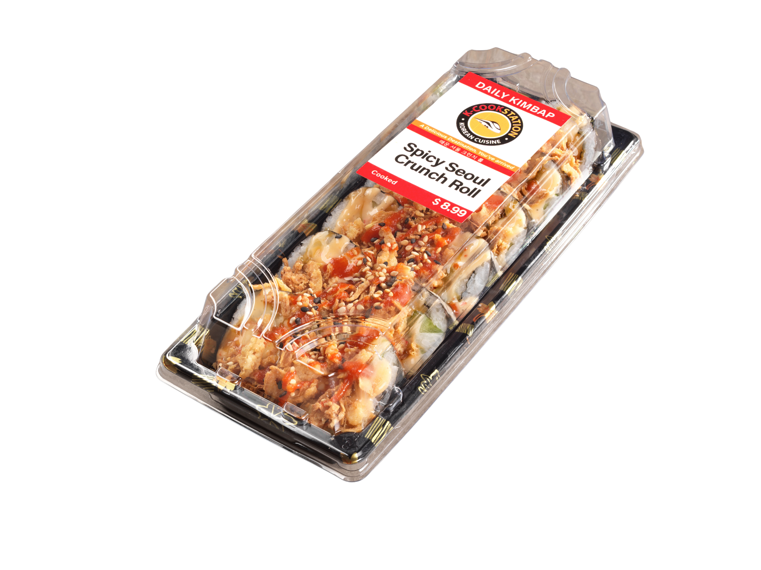 Pre-packaged spicy Seoul crunch roll sushi with visible fish, rice, vegetables, and sauce, in black and clear container.