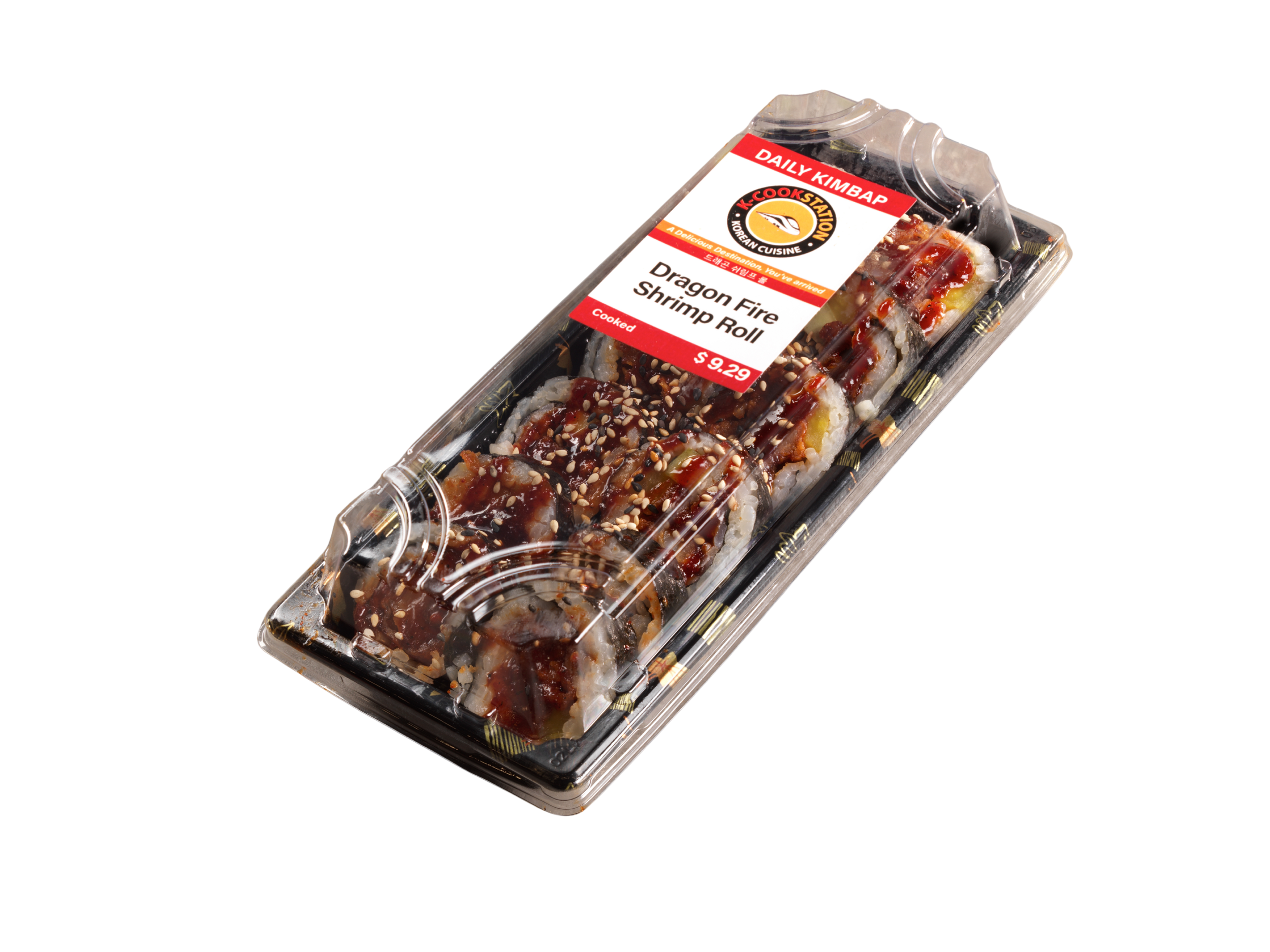 Pre-packaged Korean sushi roll labeled 'Dragon Fire Shrimp Roll' with sauce and sesame seeds on top.