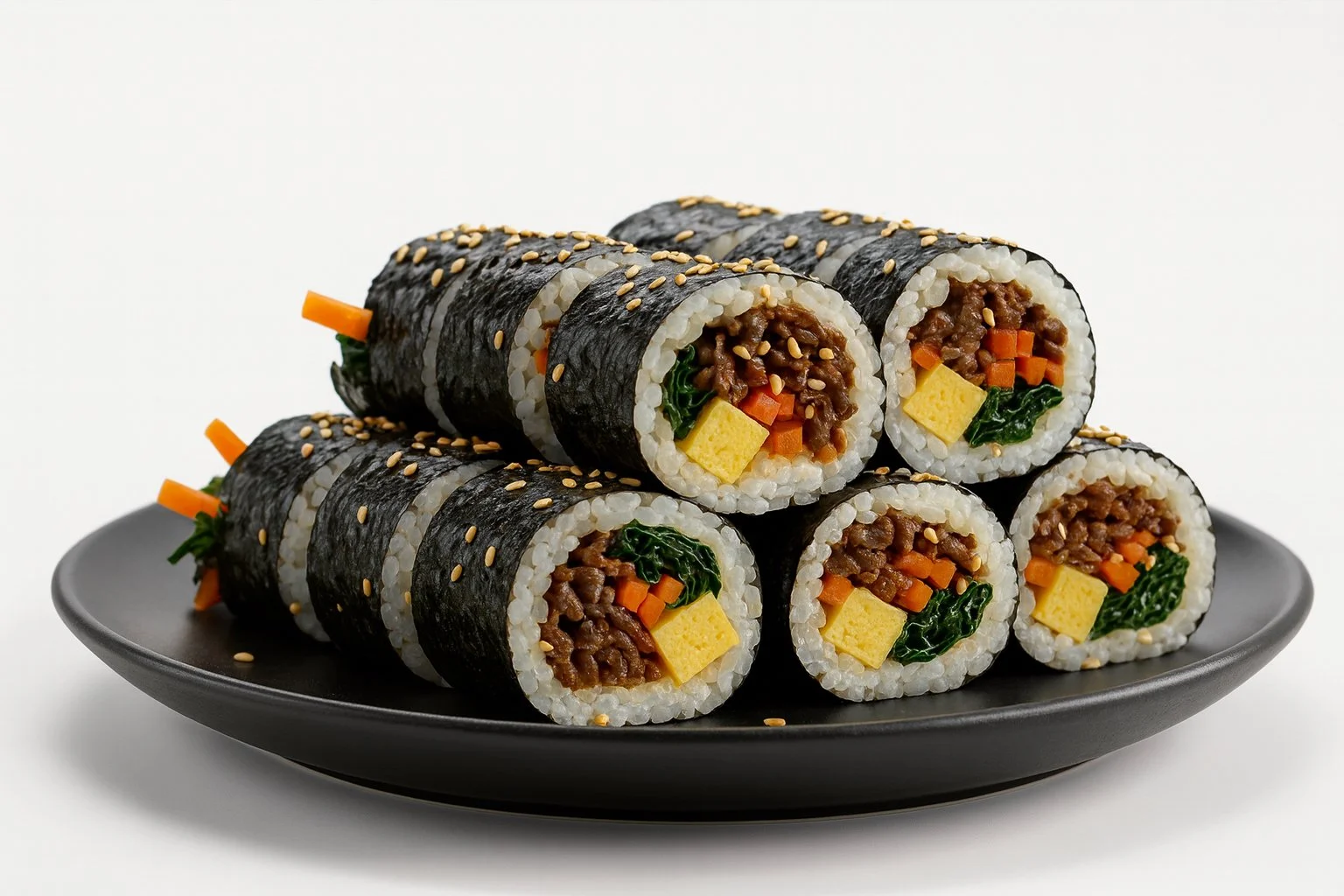 Stacked sushi rolls with seaweed wrap, sesame seeds, filled with rice, ground meat, carrots, spinach, and egg, arranged on a black plate.