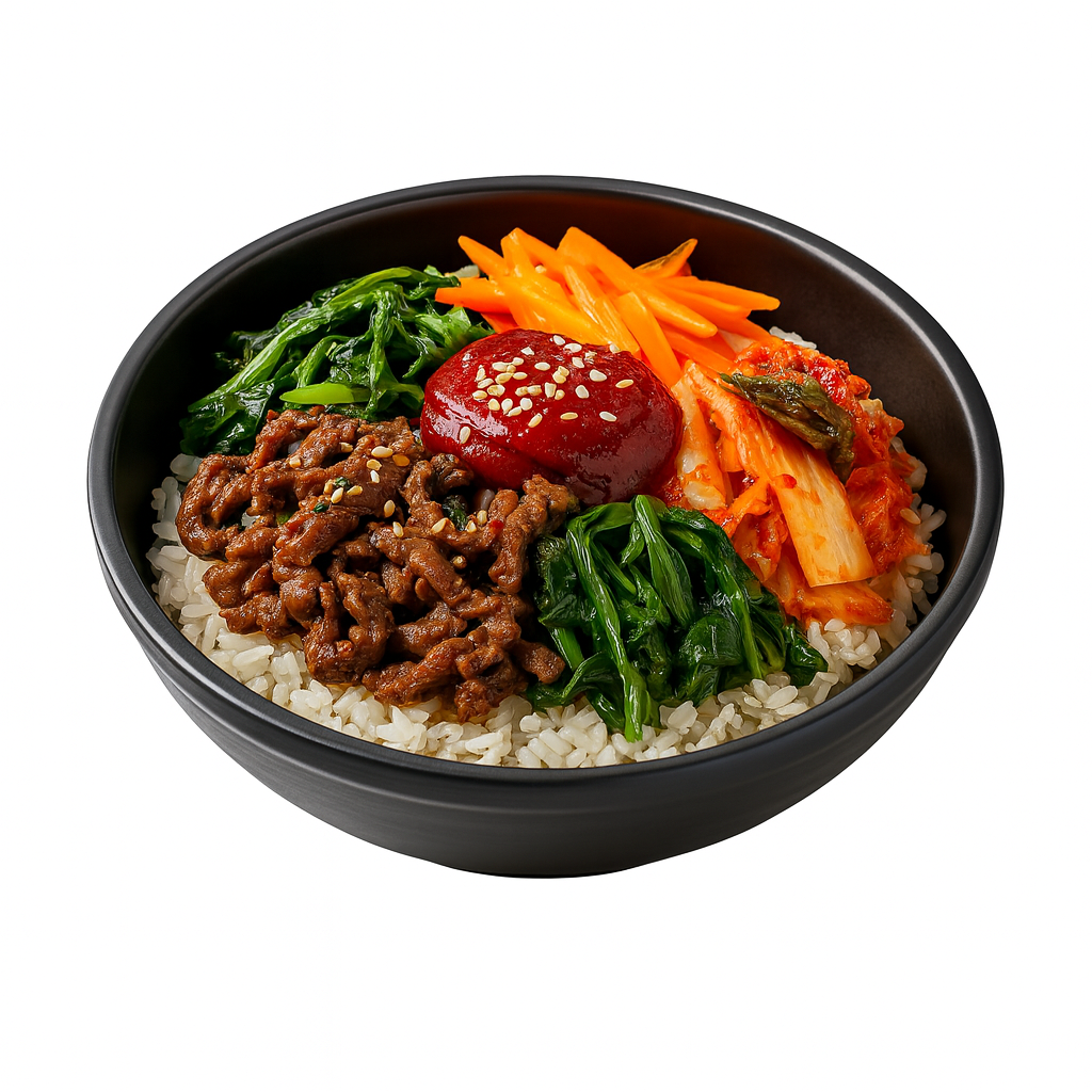 Korean bibimbap with rice, seasoned vegetables, ground meat, and red sauce garnished with sesame seeds in a black bowl