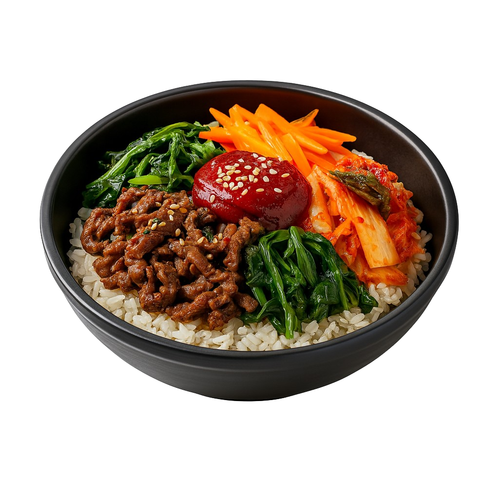 A bowl of rice topped with cooked beef, green vegetables, shredded carrots, kimchi, and a dollop of sauce with sesame seeds.