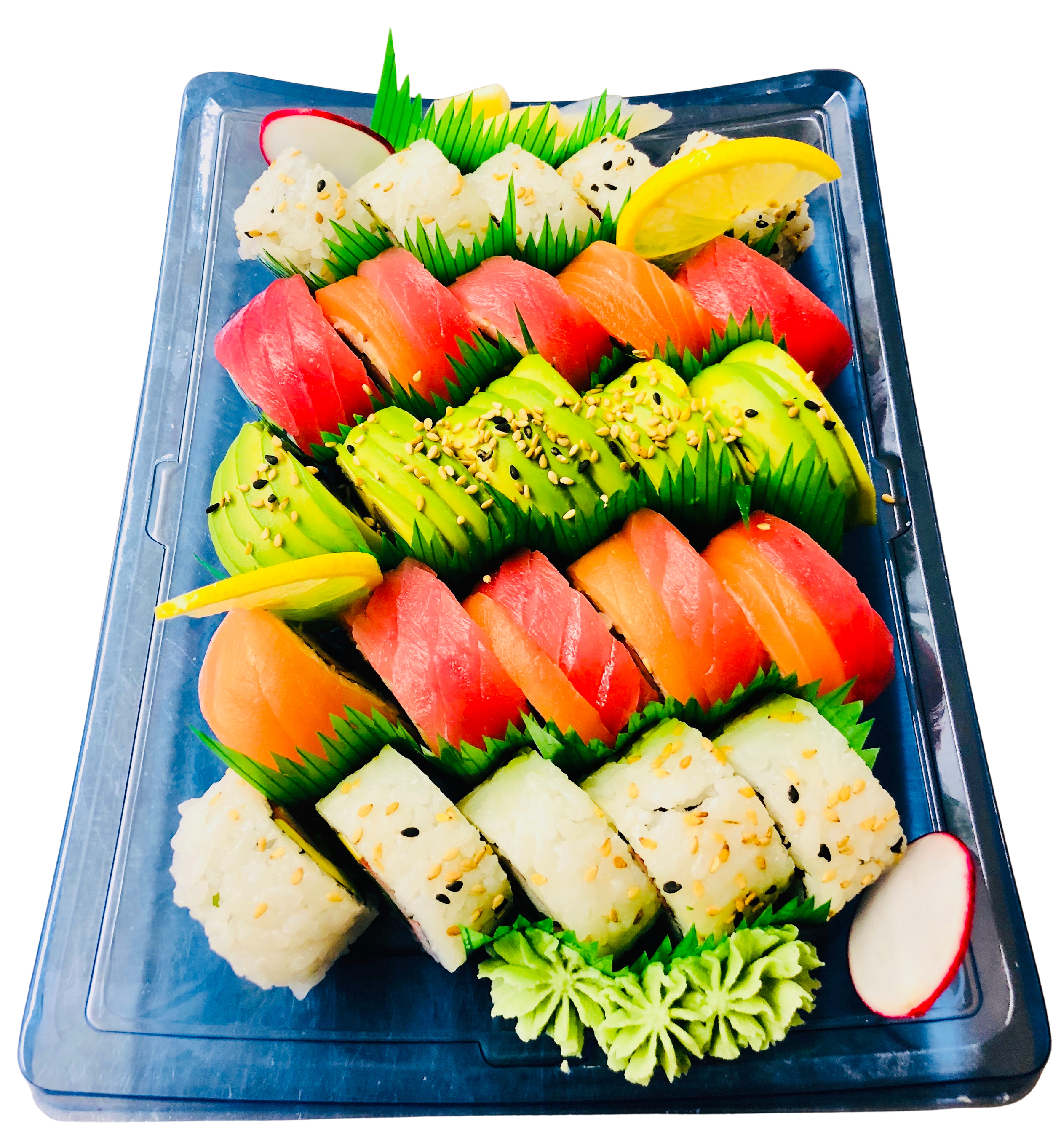 Assorted sushi rolls on a black tray with green plastic dividers, garnished with wasabi, pickled ginger, and lemon slices.