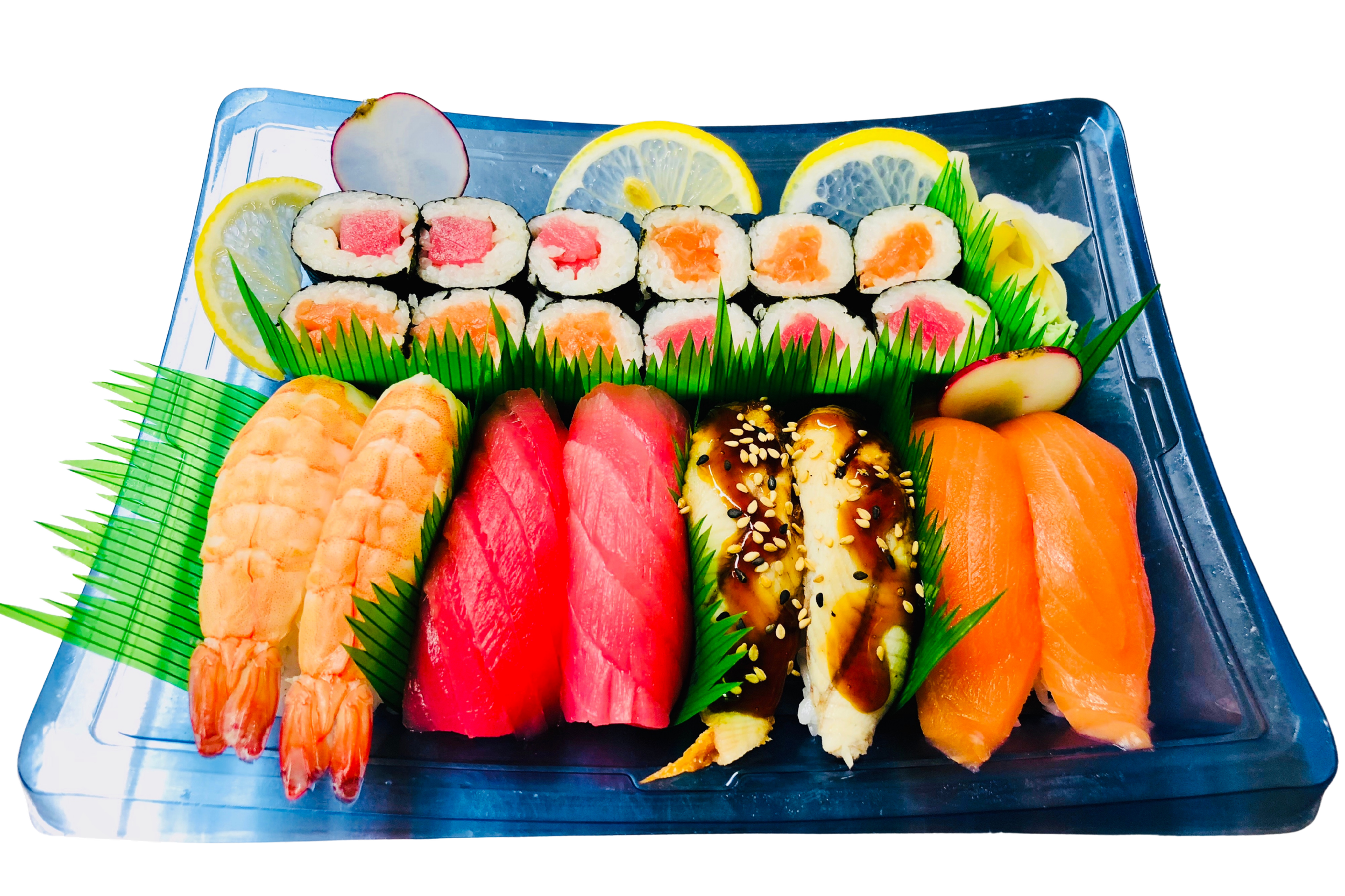 Assorted sushi platter with salmon, tuna, and shrimp, garnished with lemon slices, radish, and green plastic grass. Served on a clear tray.