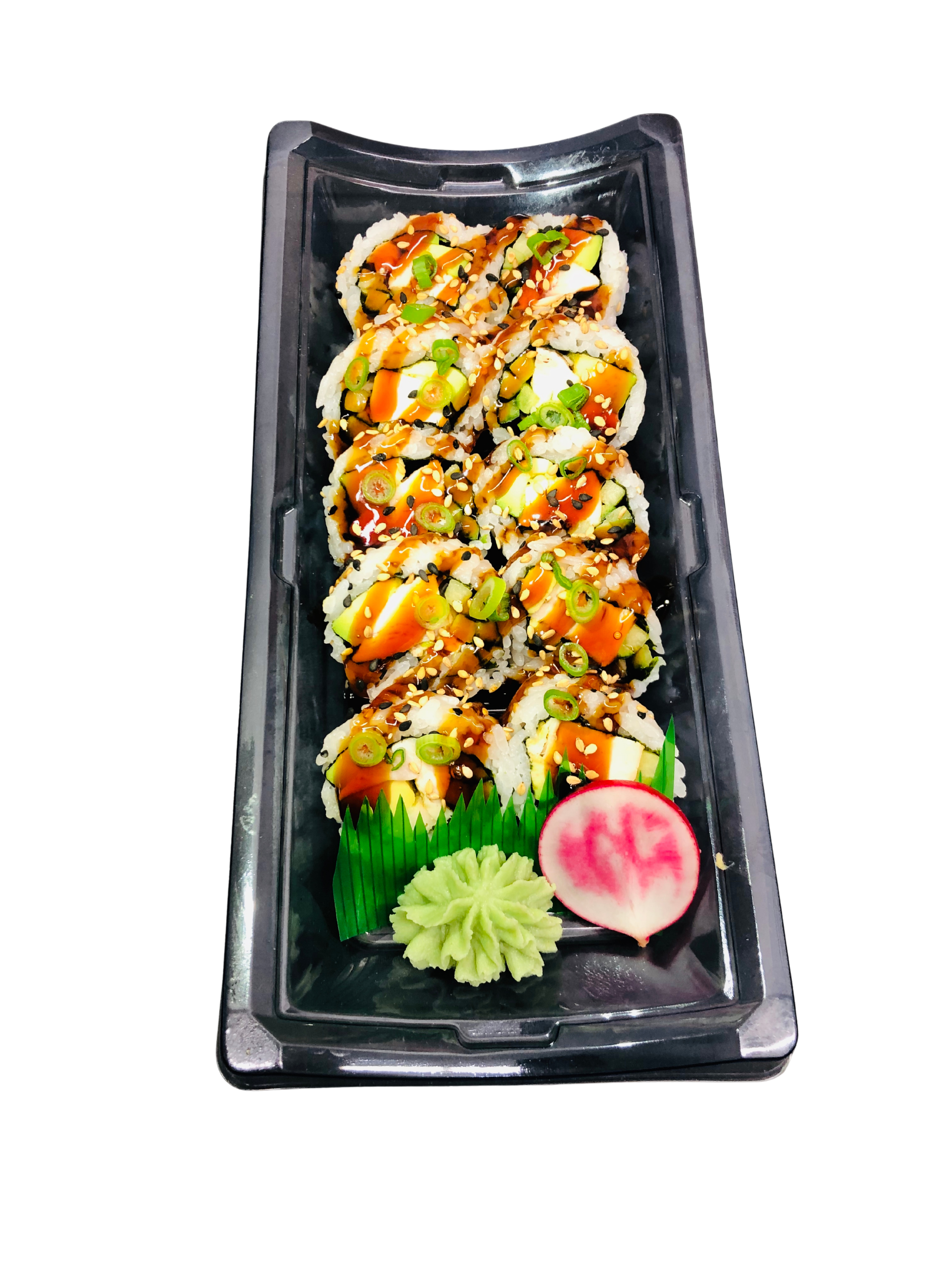 A tray of sushi rolls garnished with green onions, sesame seeds, and drizzled with sauce, served with slices of radish and cucumber, and wasabi.