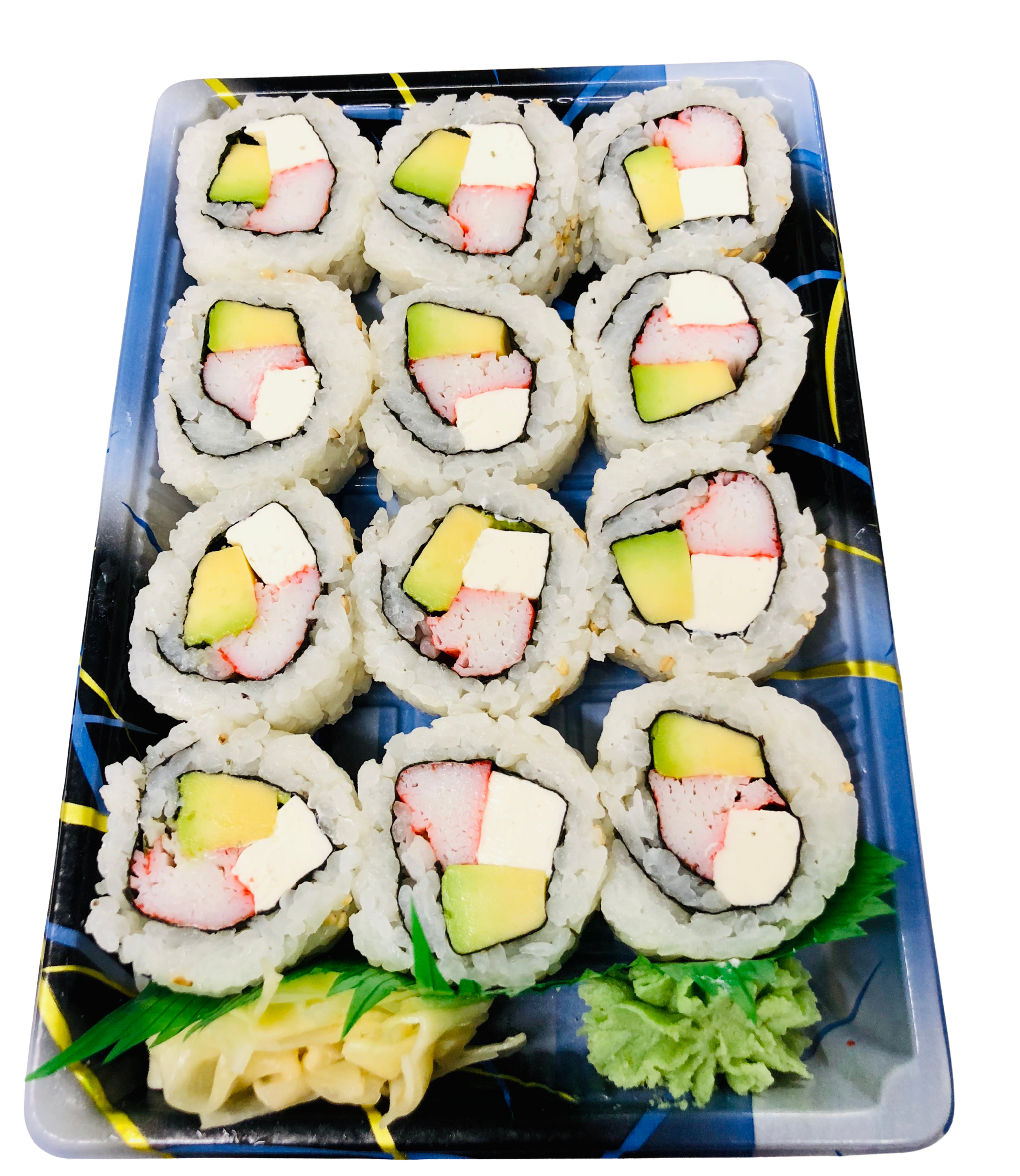 A tray of sushi rolls containing imitation crab, avocado, cream cheese, and seaweed, with wasabi and pickled ginger on the side.