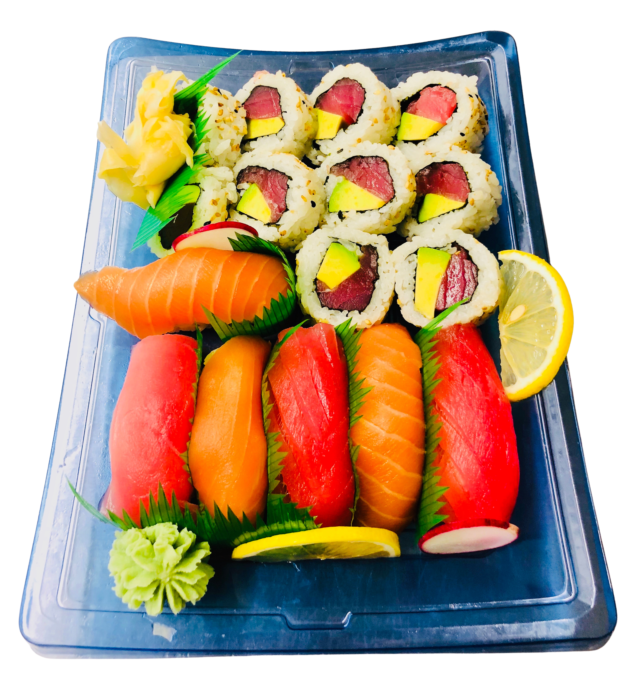 Sushi rolls with raw tuna, avocado, and rice, served with wasabi, pickled ginger, and lemon slices on a blue tray.