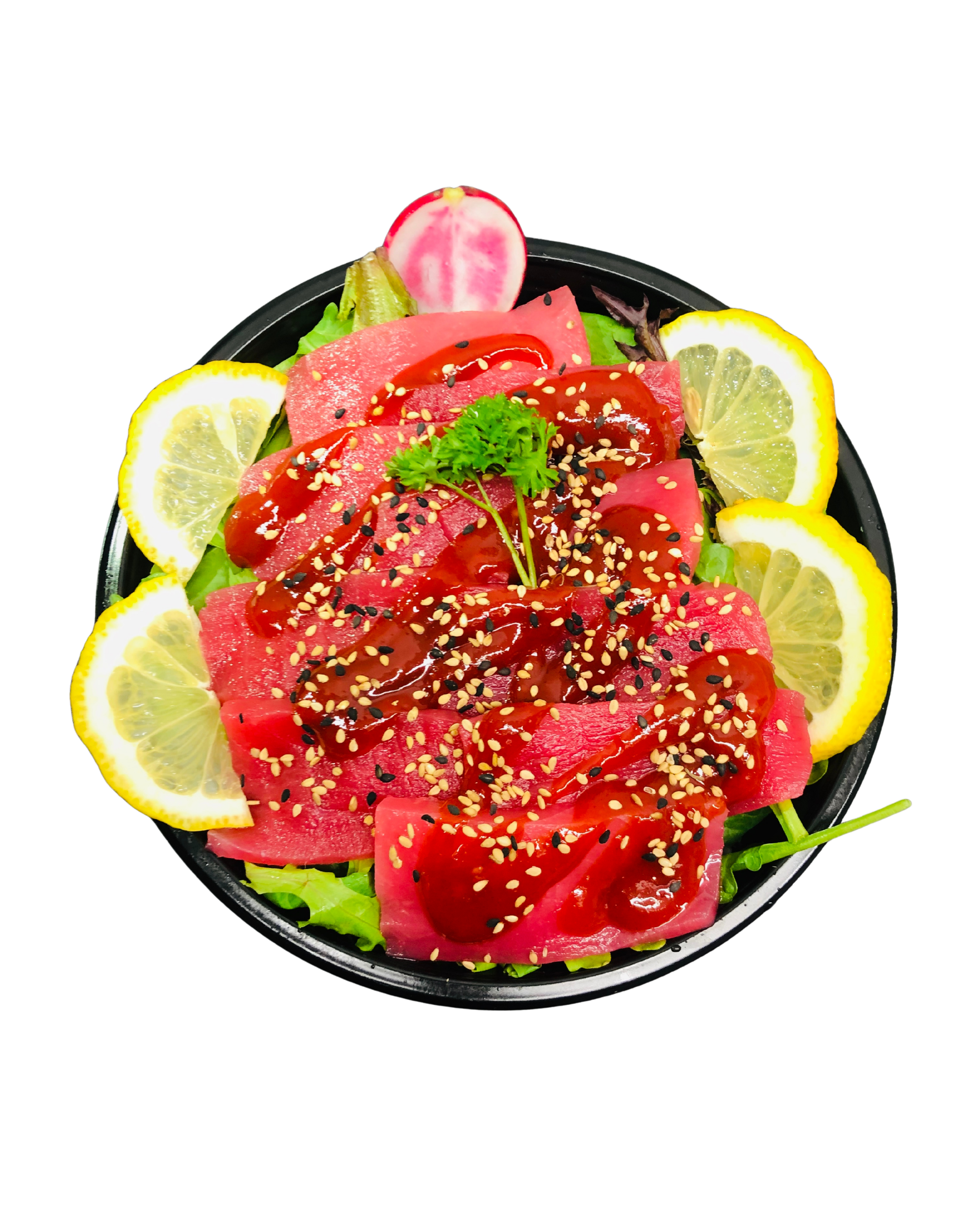 Close-up of a salad with sliced watermelon, lemon slices, radish, lettuce, and sprinkled sesame seeds on top, served in a black bowl.