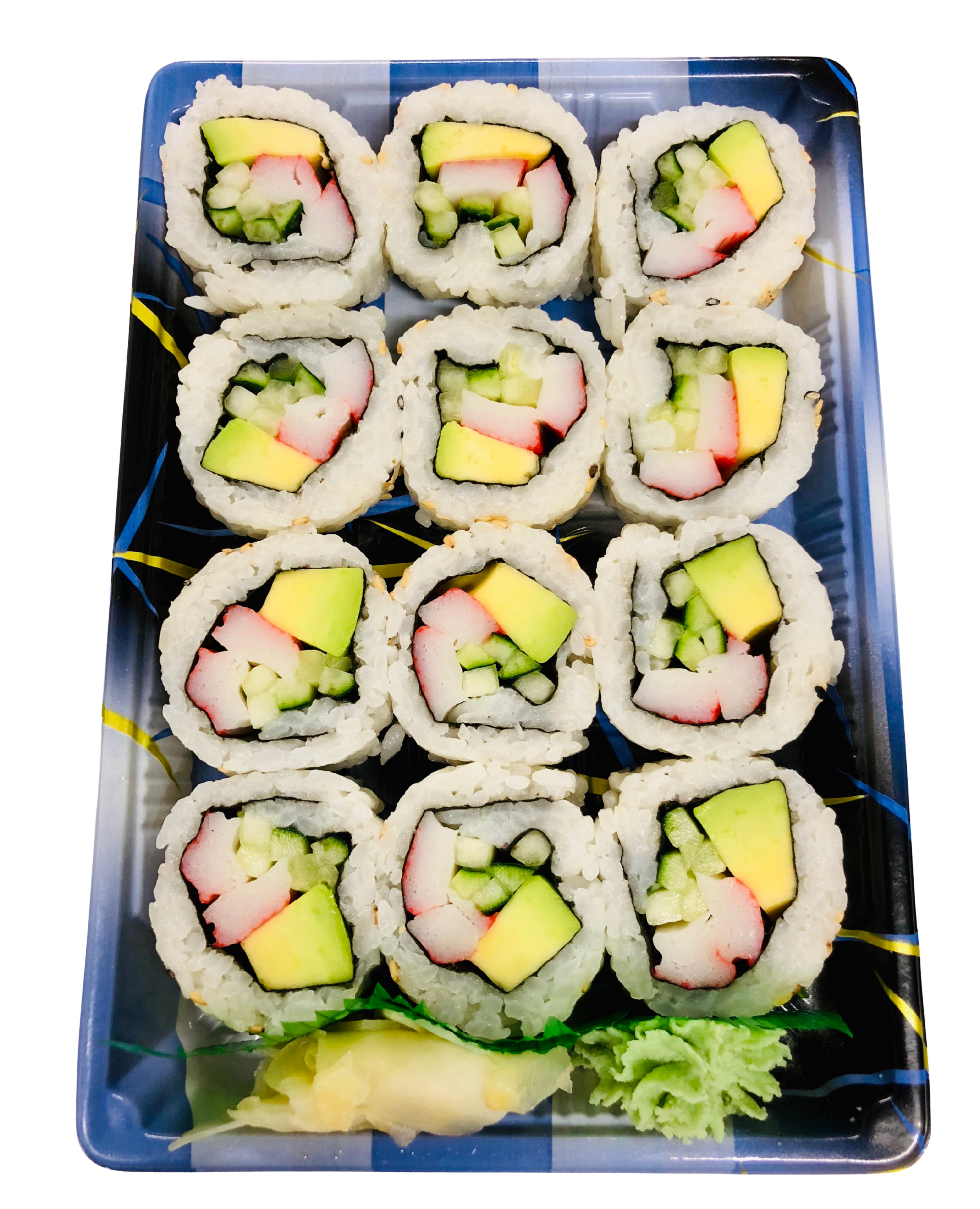 Close-up of a tray of six sushi rolls filled with cucumber, imitation crab, and avocado, with wasabi and pickled ginger at the bottom.