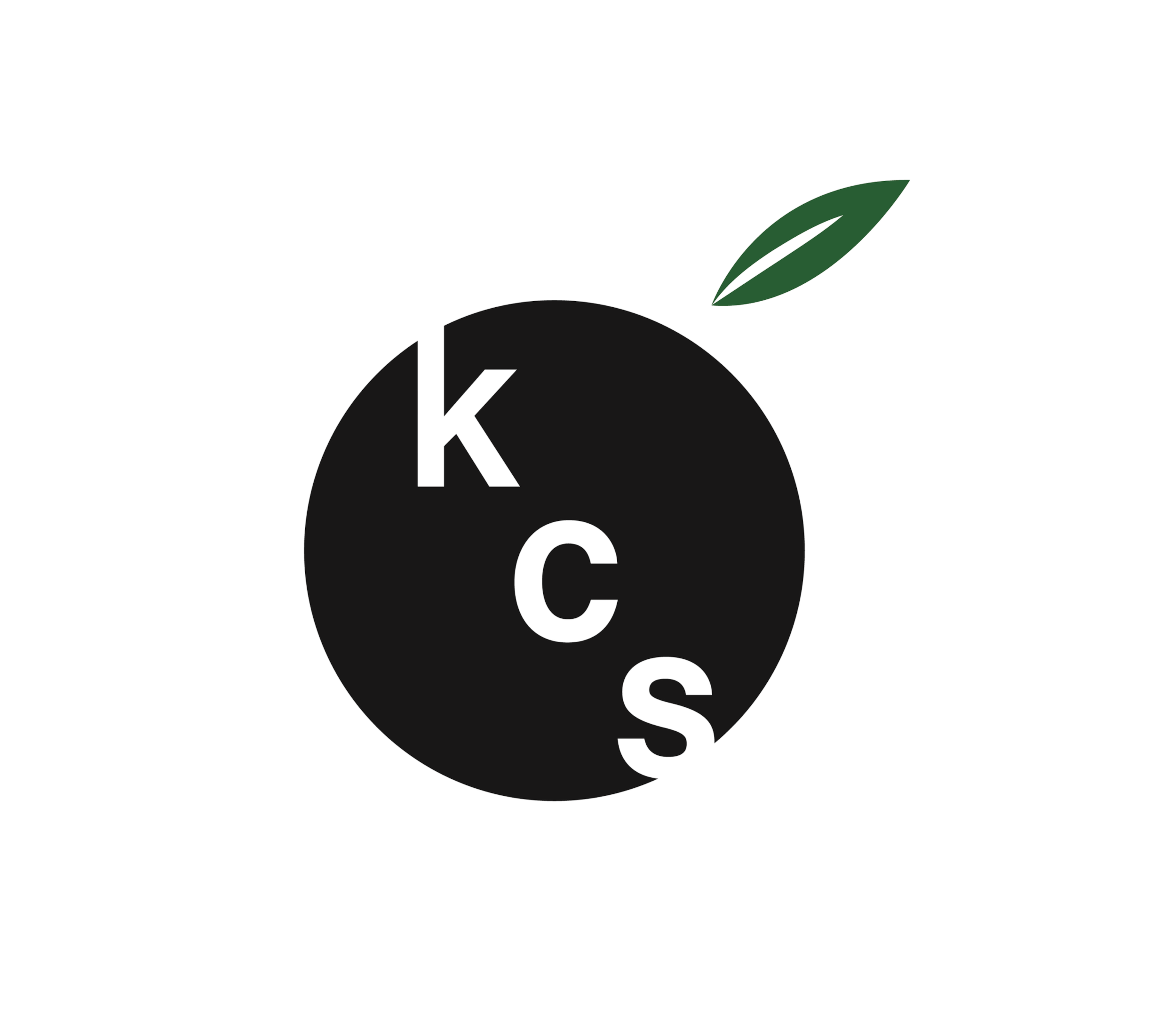 A black background with large gray coins, each with a black letter spelling out the word "KCS" and a green leaf attached to the letter "K."