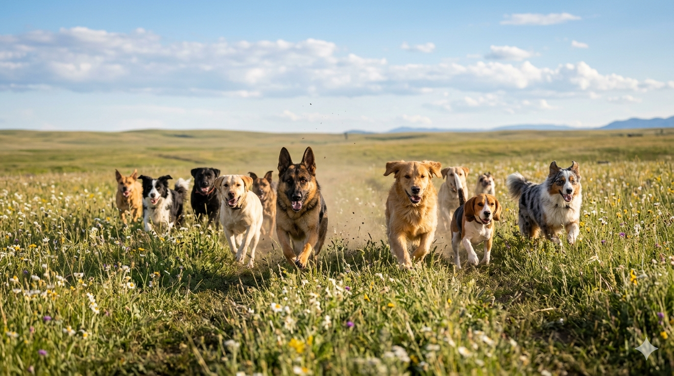 Group of dogs running through a grassy field with wildflowers and a blue sky