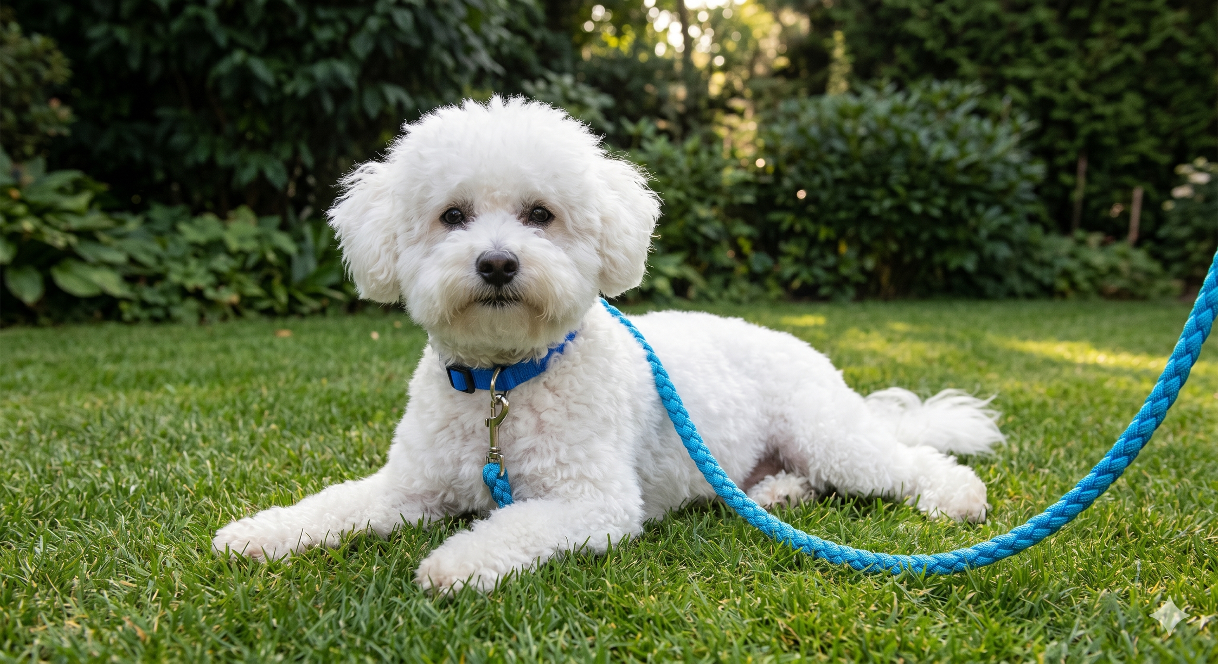 A white fluffy dog with a blue collar and matching leash, lying on green grass with bushes and trees in the background.