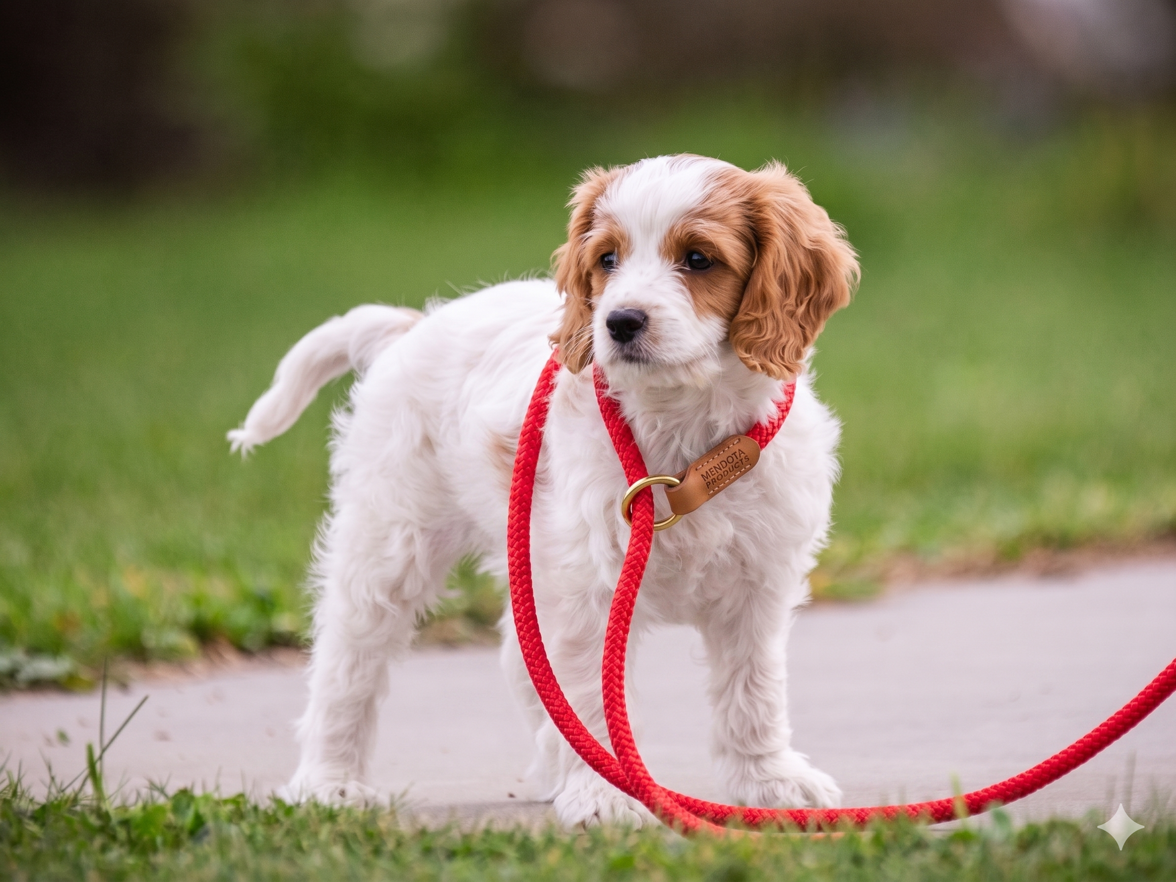 A cute white and brown puppy with long ears is standing outdoors on a grassy and paved area. The puppy is wearing a red collar with a tag that reads 'MENDOTA PRODUCTS' and is attached to a red leash. The background is blurred with greenery.