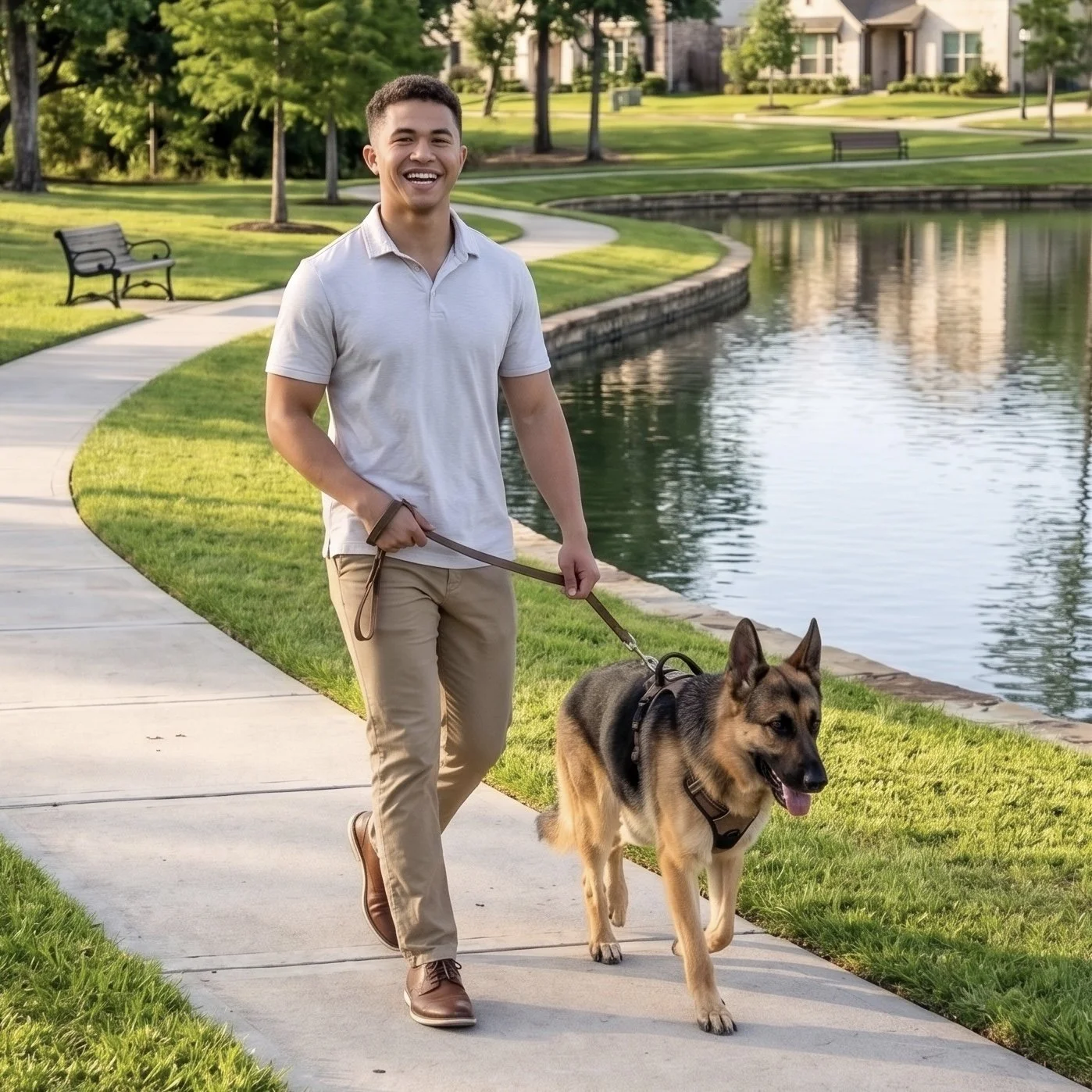 A young man walking with a German Shepherd dog along a park sidewalk by a small pond, with trees, grass, benches, and residential buildings in the background.