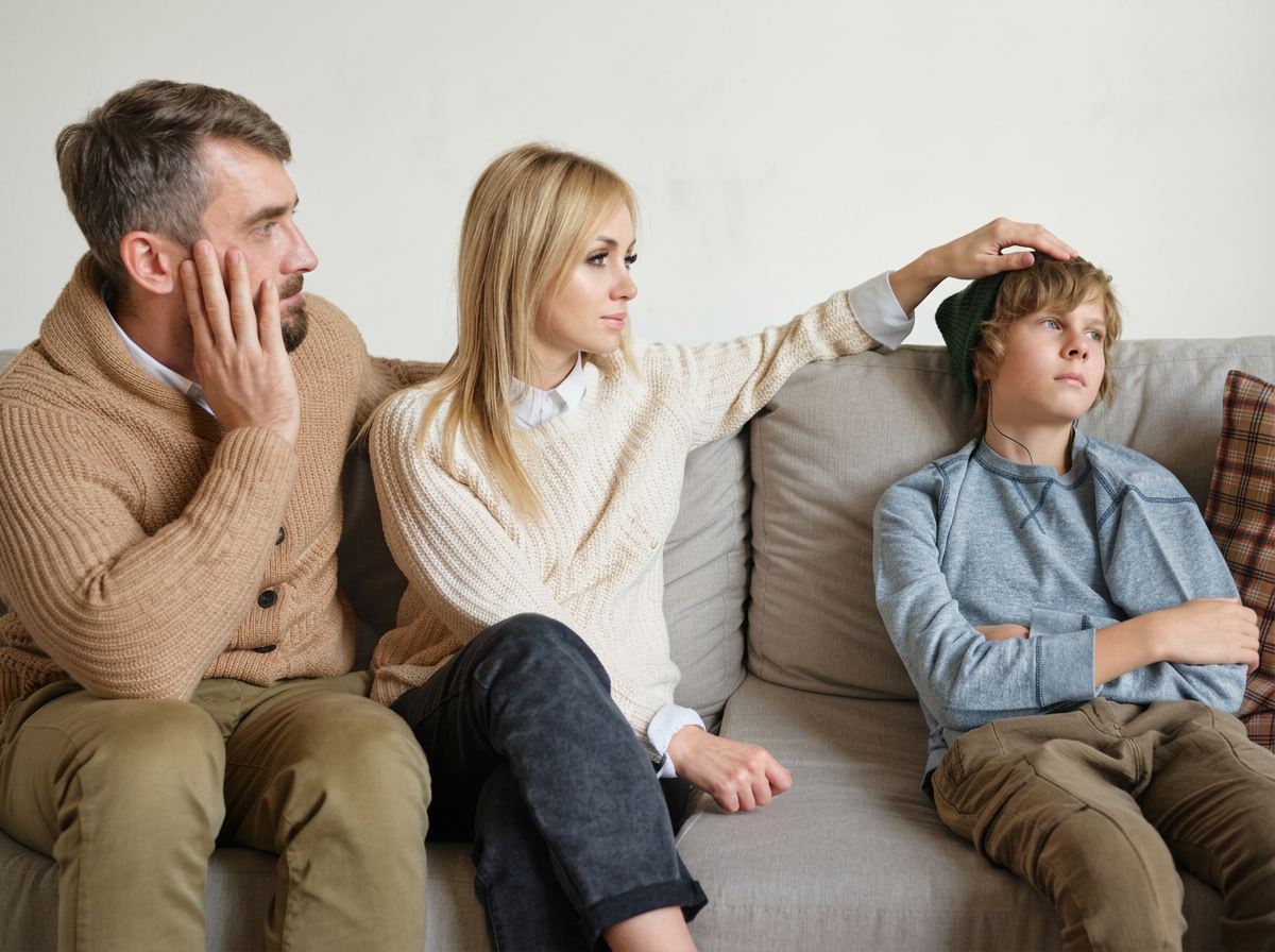A family of three sitting on a beige sofa in a living room; father with hand on his face, mother touching her son's head, the son wearing headphones and looking away.