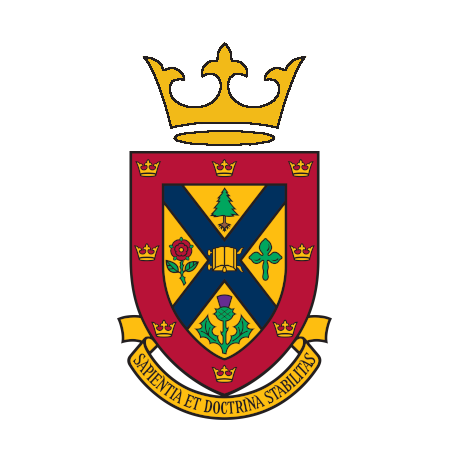 Queen's University crest with a red shield featuring a blue diagonal cross, a green tree, a red rose, a purple flower, and a green clover, topped with a gold crown and a banner with Latin words.
