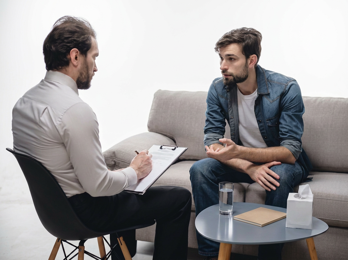 A man with a beard and casual clothes sitting on a beige sofa talking to a therapist or counselor who is taking notes on a clipboard. The therapist is seated on a black chair and is wearing a white shirt. A glass of water, a tissue box, and a closed notebook are on a small round table between them.