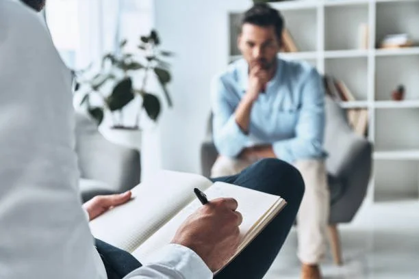 A therapist taking notes during a session with a patient sitting on a chair in a bright, modern office.