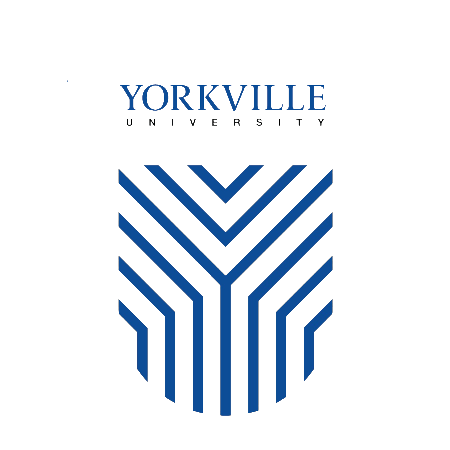 Yorkville University crest with blue geometric lines forming a shield shape on a white background.