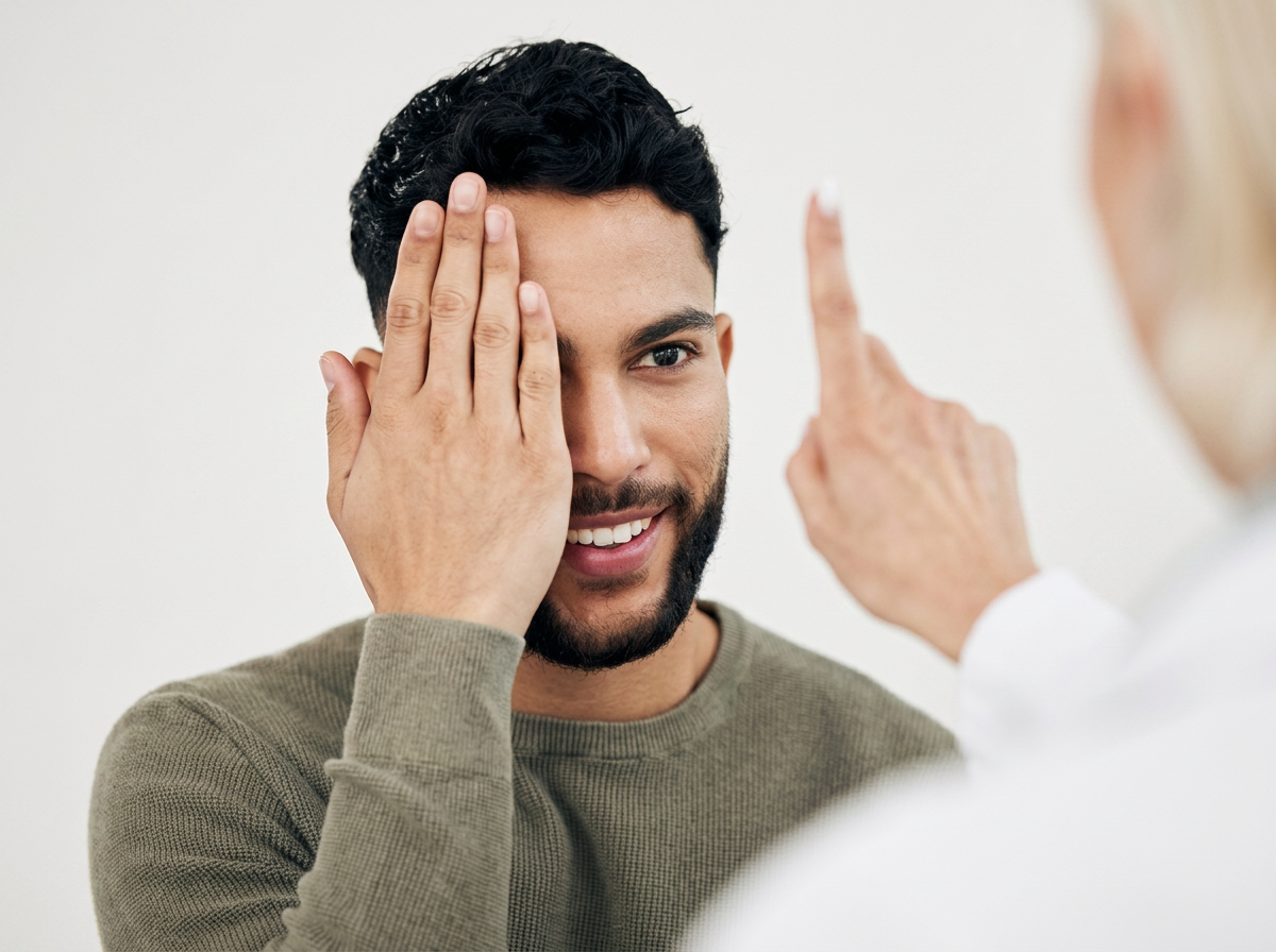 Man with dark curly hair and beard covering one eye with his hand, talking to a woman with blonde hair who is pointing her index finger at him in an indoor setting.
