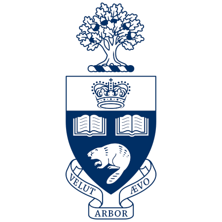 University of Toronto crest with a tree at the top, a crown, two open books, a beaver, and a banner with Latin words.