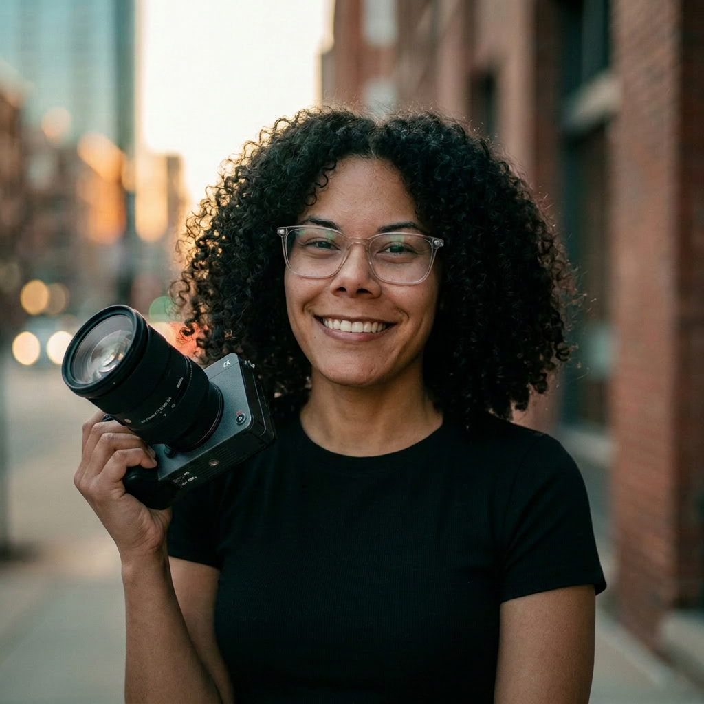 A woman with curly hair and glasses holding a camera, smiling outdoors in an urban setting at dusk.