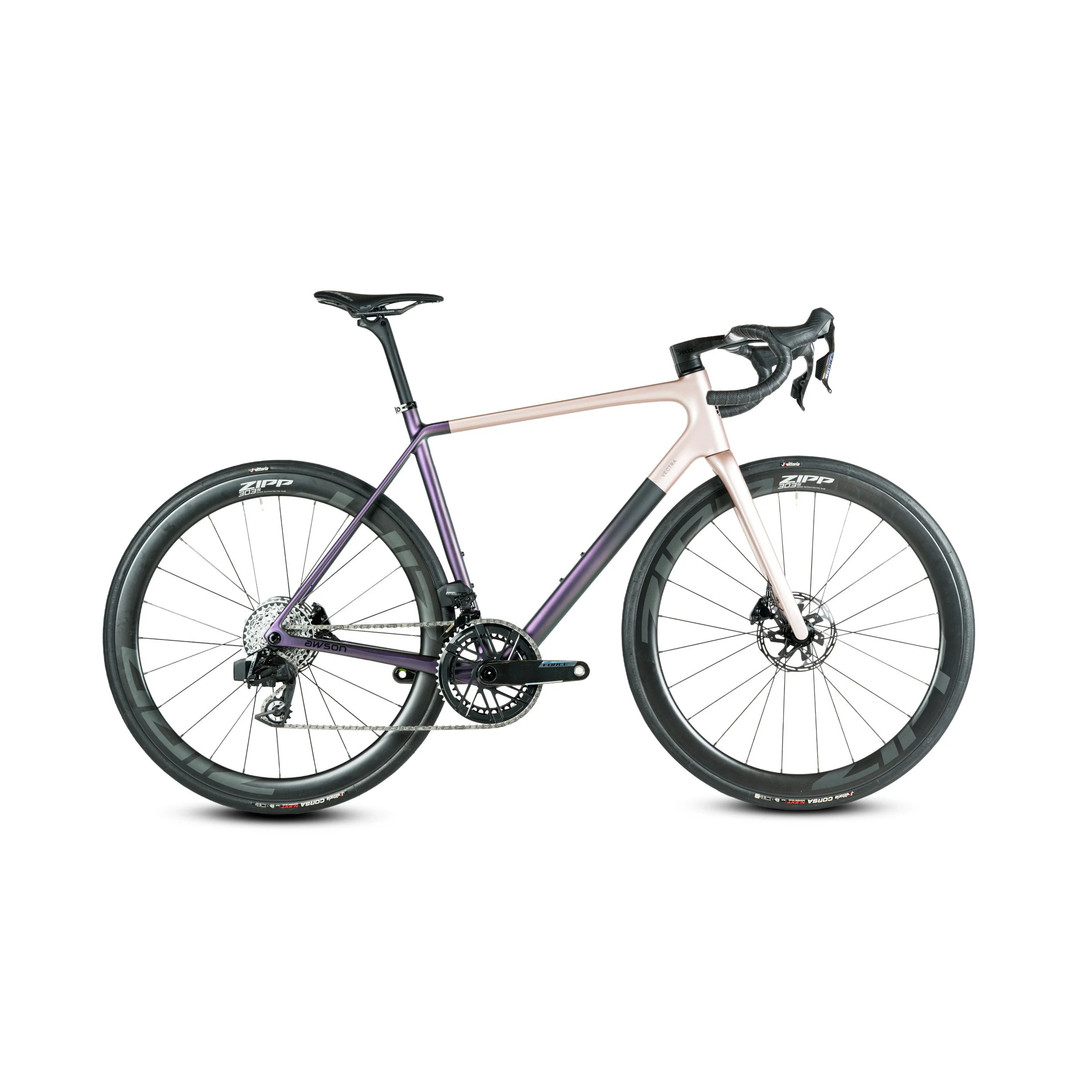 Ein modernes Rennrad mit rosa Rahmen, schwarzen Rädern und schwarzem Lenker.