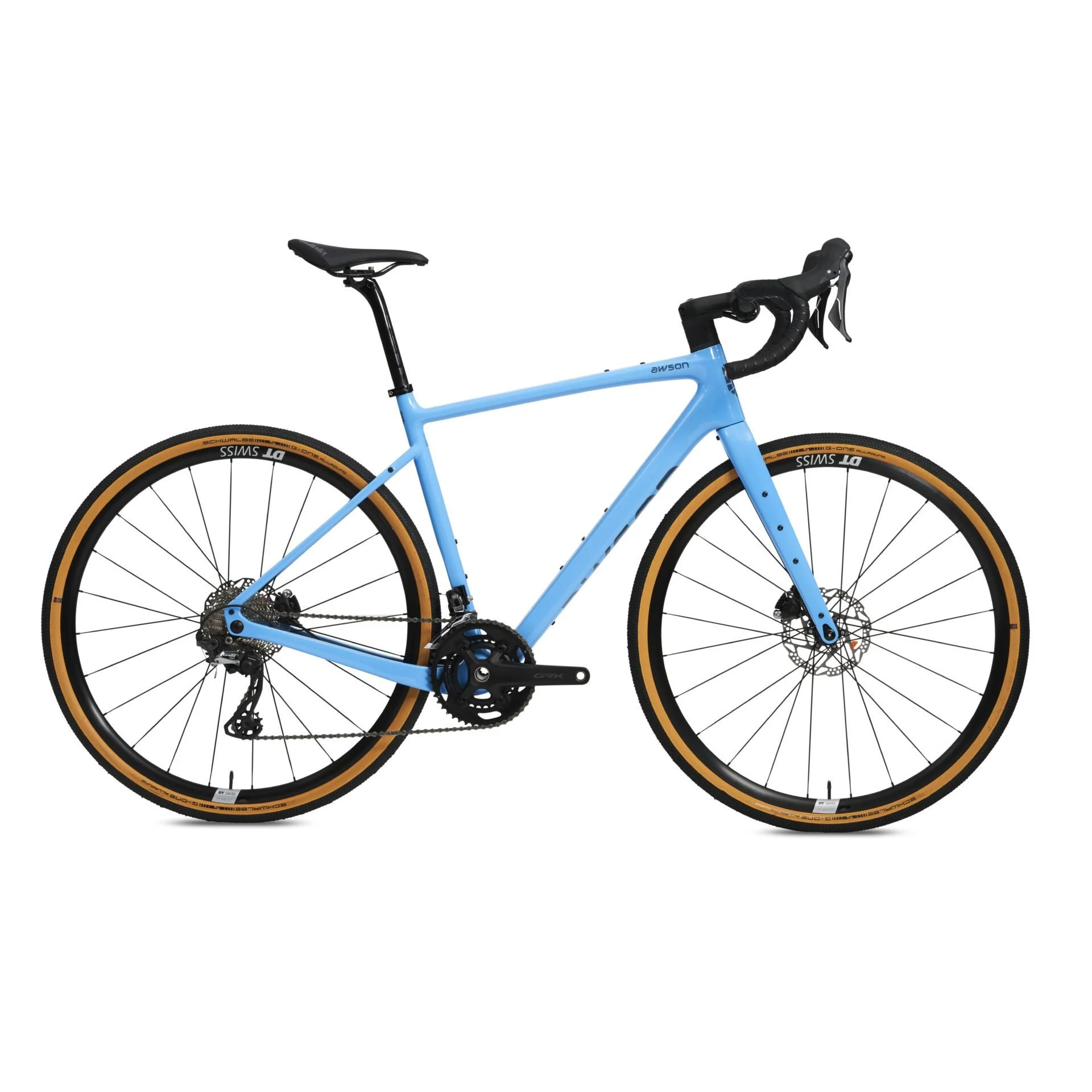Das Bild zeigt einen blauen Rennrad mit schwarzen und braunen Reifen, schwarzen Lenkergriffen und schwarzem Sitz.
