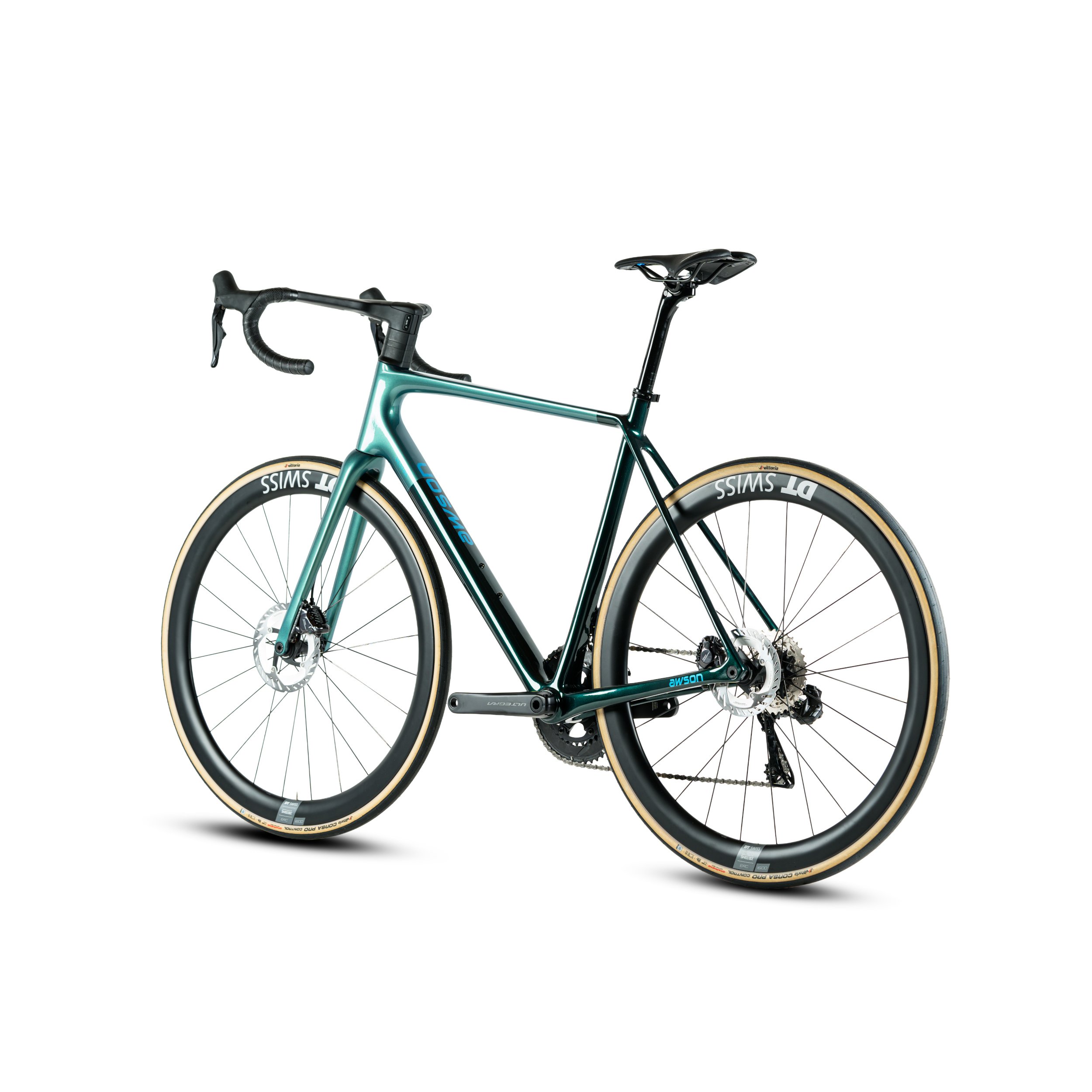 Ein schwarzes Rennrad mit cremefarbenen Reifen, das auf einer weißen Oberfläche steht.