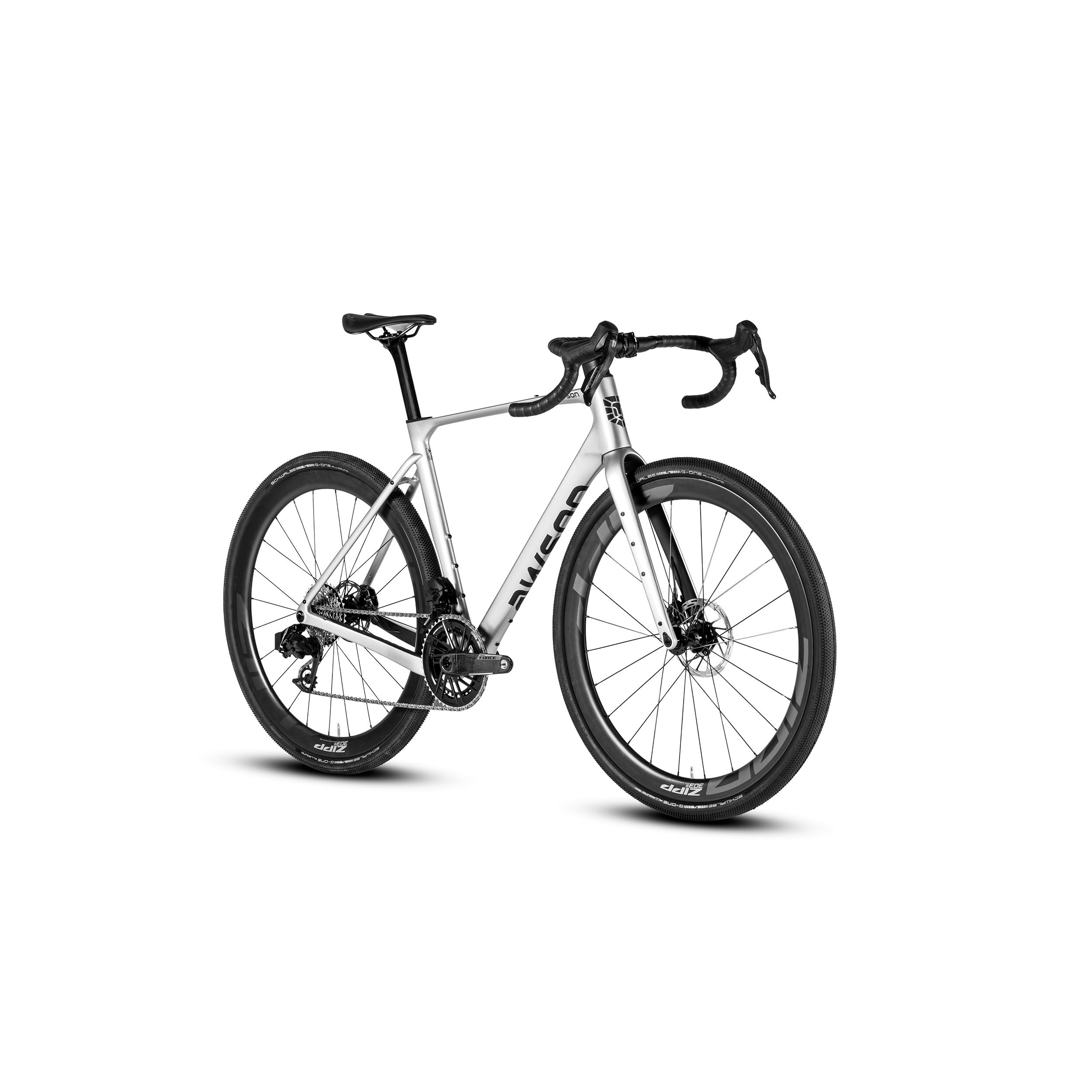 Ein modernes, weißes Rennrad mit schwarzen Lenkergriffen, Reifen und Sitz, ohne Fahrer, auf weißem Hintergrund.