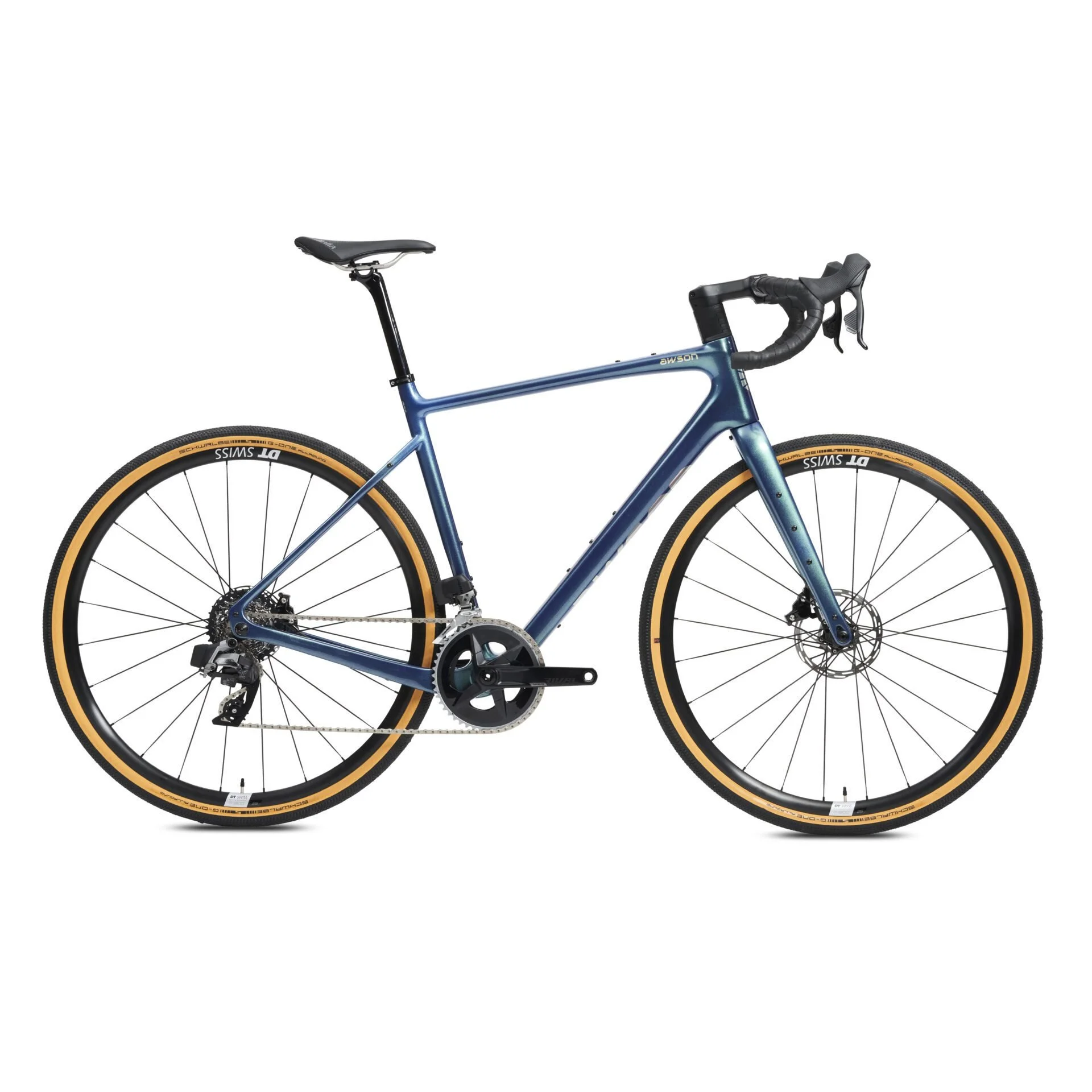 Ein blauer Rennrad mit schwarzen Lenkergriffen, einer schwarzen Sattelschale und Reifen mit beigen Wänden, aufgenommen gegen einen weißen Hintergrund.