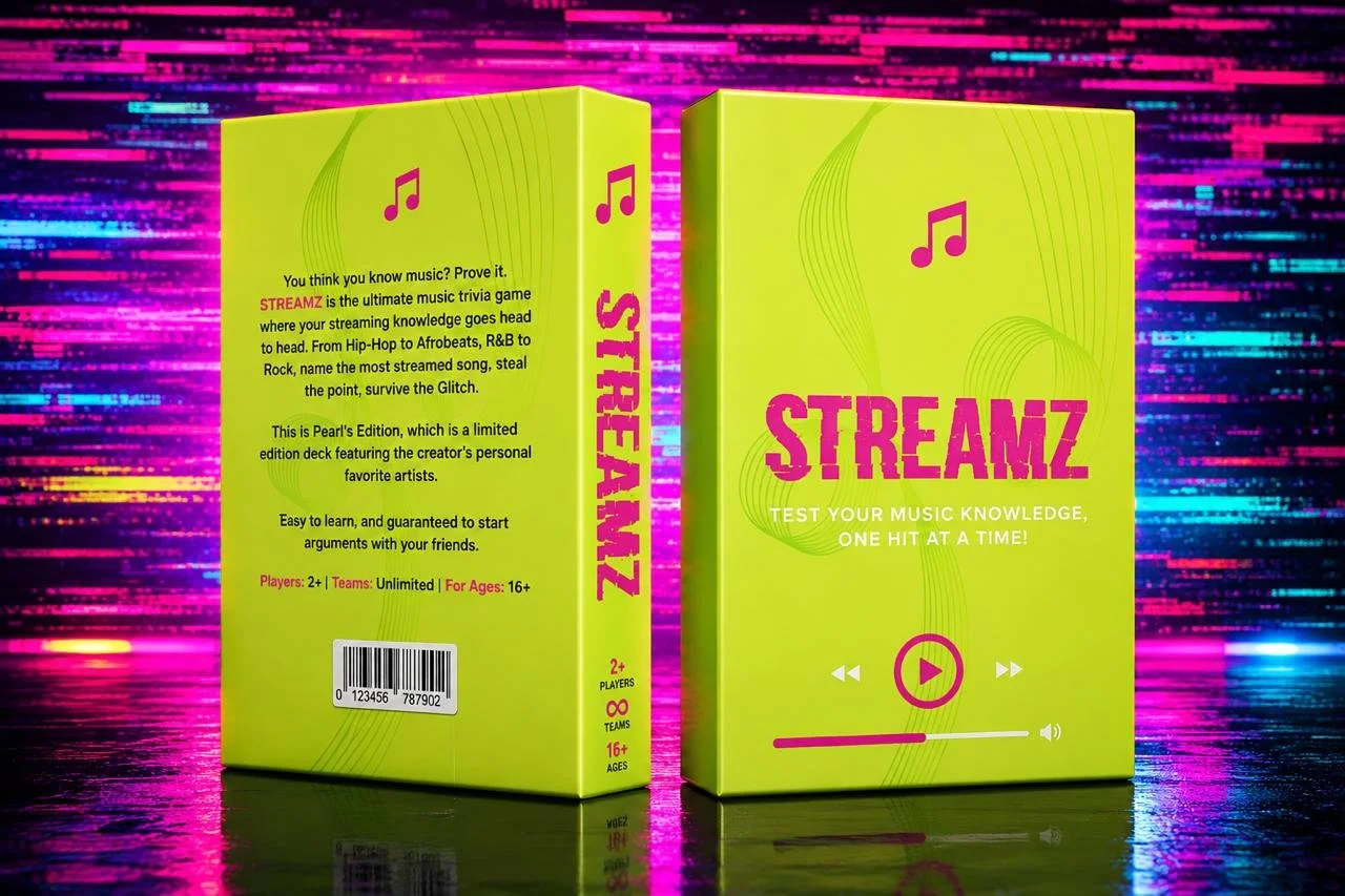 Bright yellow game box titled 'STREAMZ' with pink text and musical note icons, featuring a digital music trivia game with a play button and volume control on the front, positioned against a colorful neon digital background.