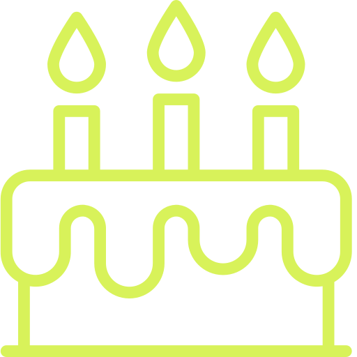 Outline of a birthday cake with three lit candles on top.