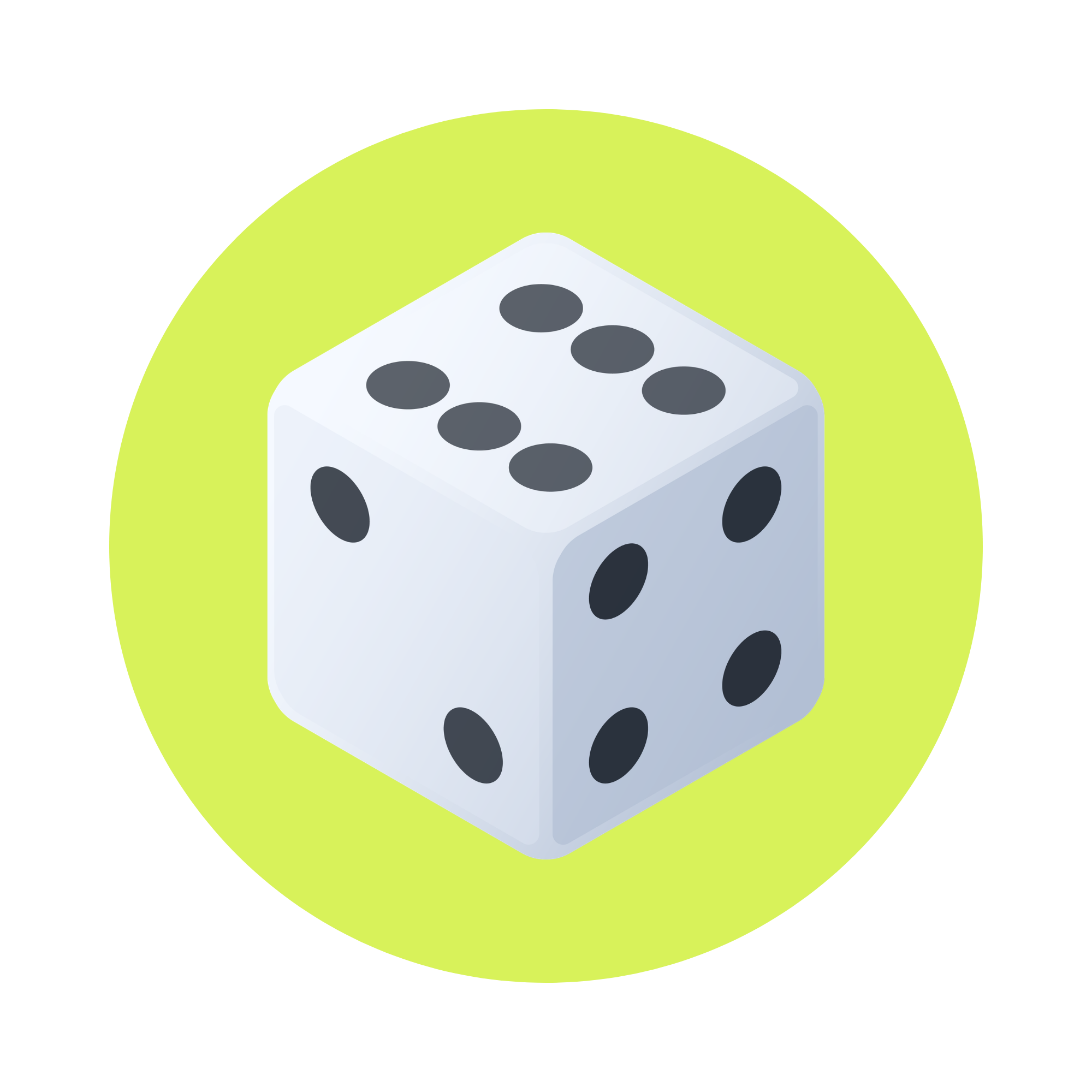A white die with black dots showing the number five, placed against a yellow-green background.