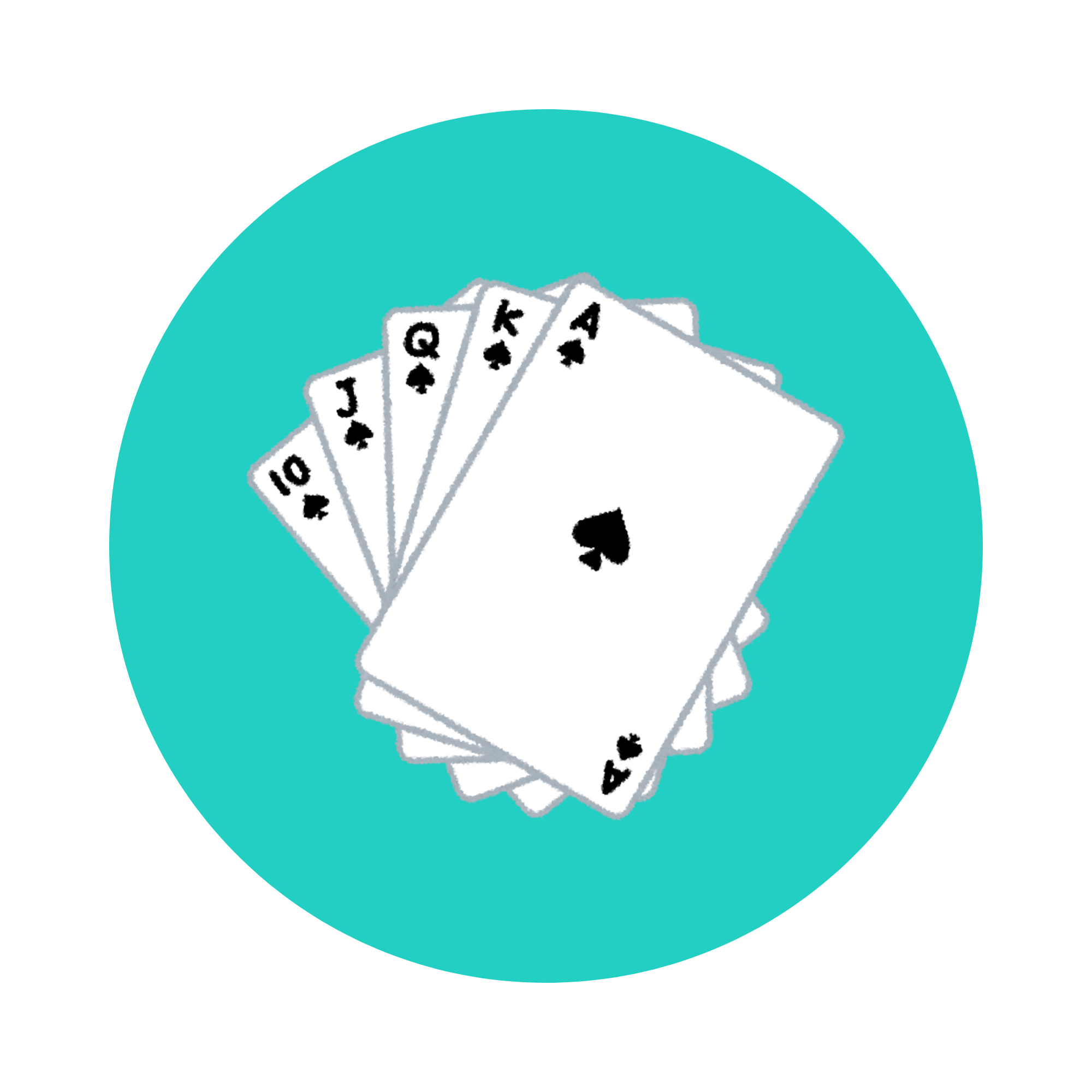 A fan of playing cards spread out showing the queen of spades, king of spades, jack of spades, and ten of diamonds, with a bright blue background.