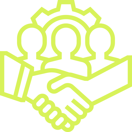 Outline of three people with gear around them, connected and shaking hands in front.