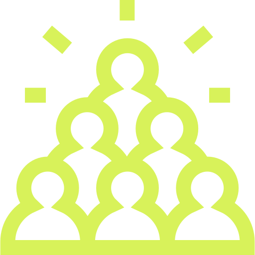 Icon of a group of six people in a pyramid formation with lines connecting them, symbolizing teamwork or collaboration.