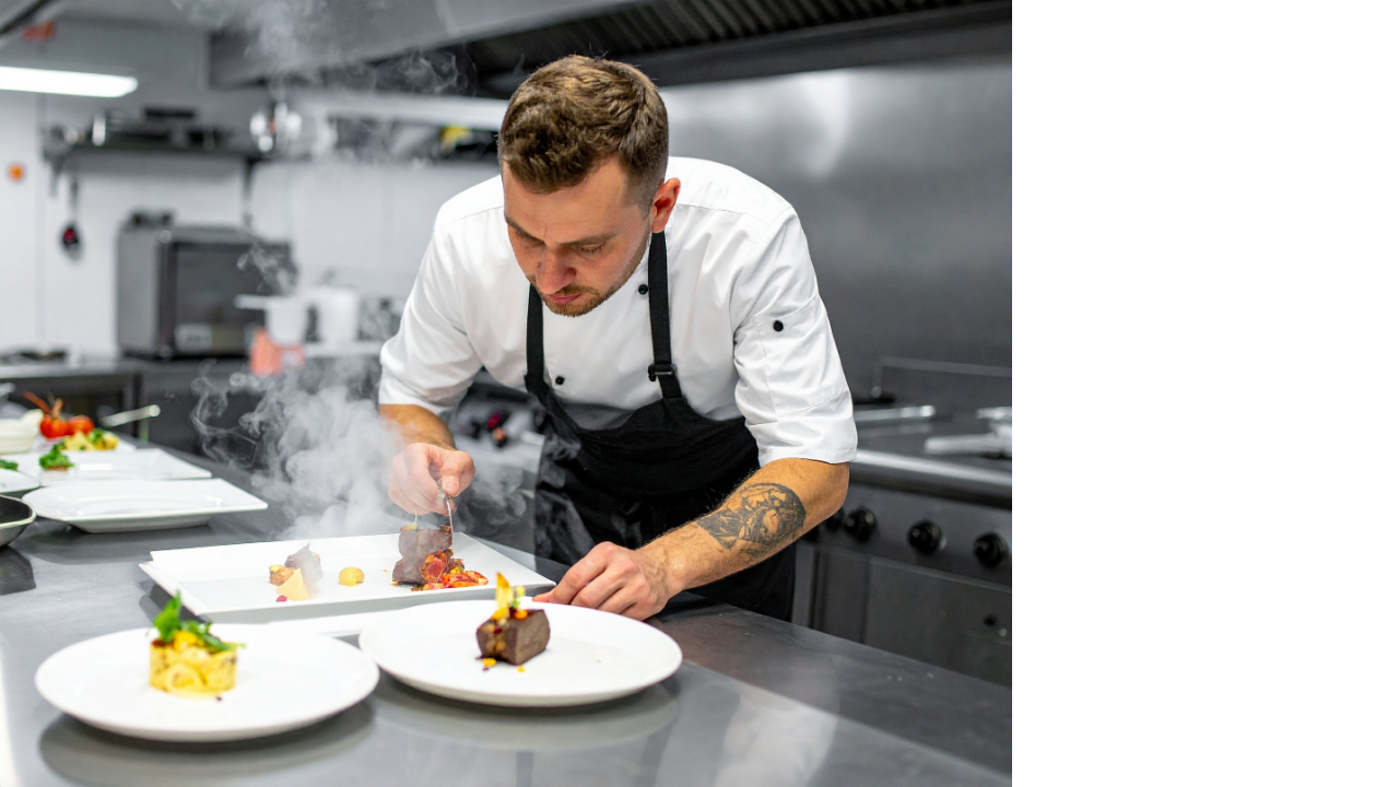 Chef garnishing a plated dessert in a professional kitchen.