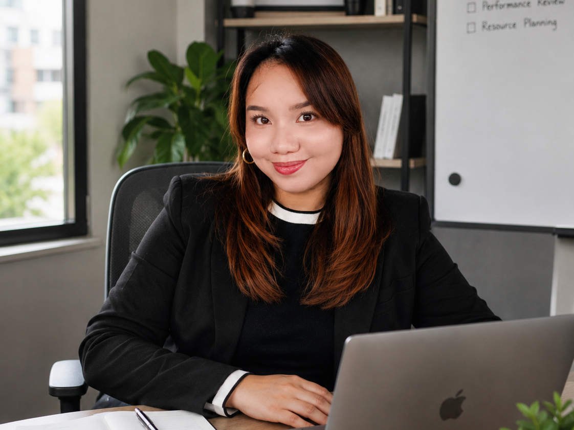 A woman sitting at a desk in an office with a laptop, looking at the camera, smiling, with a whiteboard and a plant in the background.