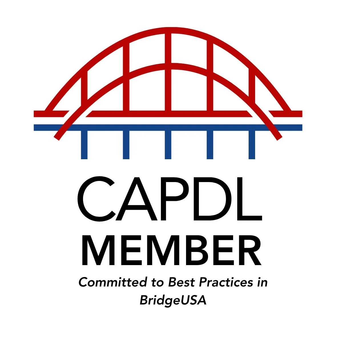 CAPDL member badge with a red and blue bridge graphic and black text that reads 'CAPDL MEMBER' and a tagline 'Committed to Best Practices in Bridge USA'.