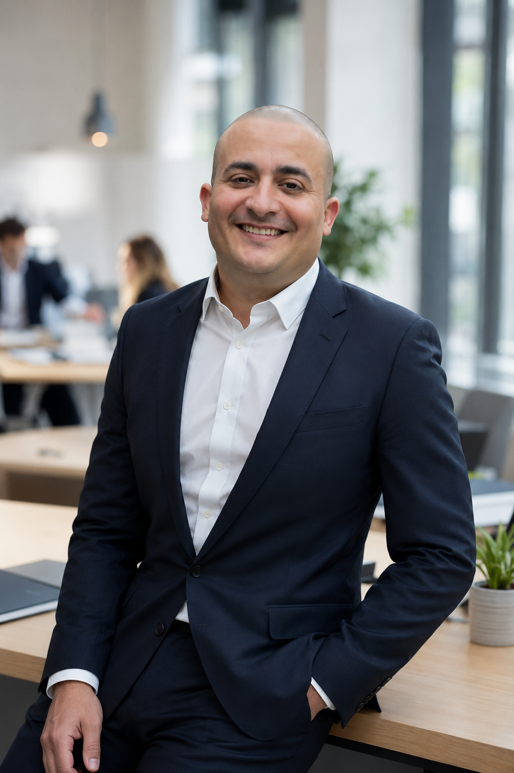 Smiling man in a dark suit and white shirt standing in a modern office space with large windows, colleagues working at desks, and plants in the background.