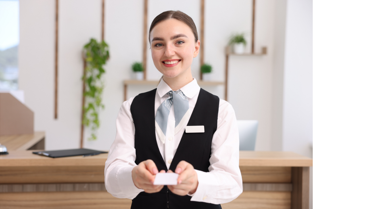 A young woman hotel receptionist smiling and handing a business card in a hotel reception area.