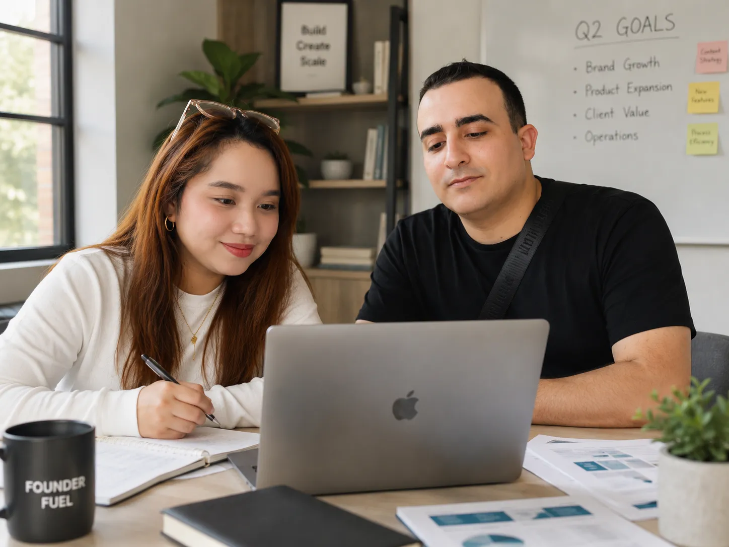 A young woman with long brown hair and a young man with short dark hair sitting at a desk in a modern office, looking at a MacBook laptop together. The woman is holding a pen and writing in a notebook. The desk has papers, a black mug labeled 'FOUNDER FUEL', and a small potted plant. Behind them, a whiteboard displays quarterly goals, and a bookshelf with plants and books is visible.