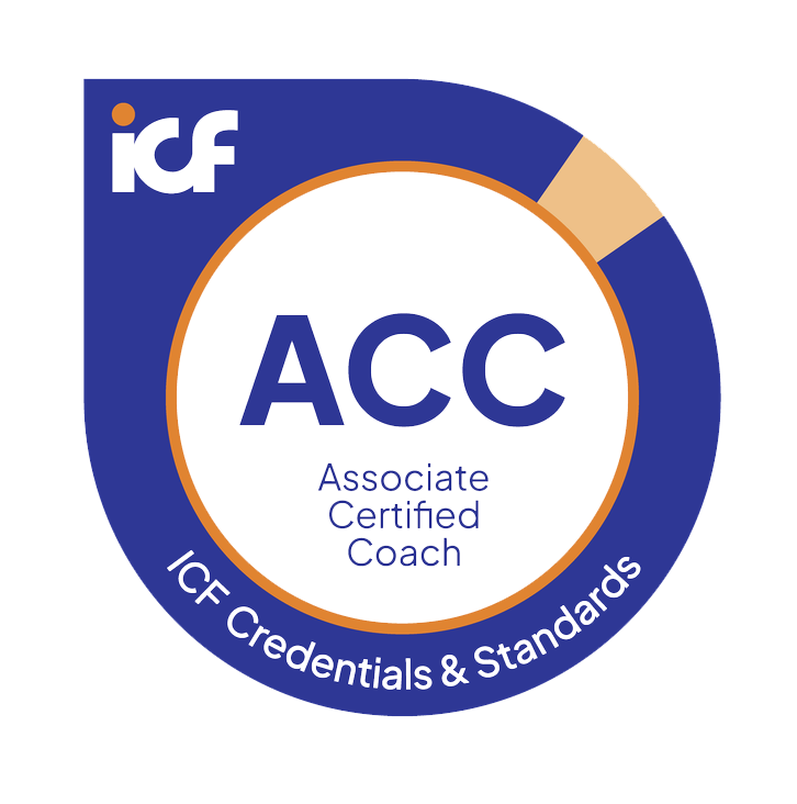 ICF Associate Certified Coach badge with blue and black colors, featuring the ICF logo and the words 'Associate Certified Coach' and 'ICF Credentials & Standards'.